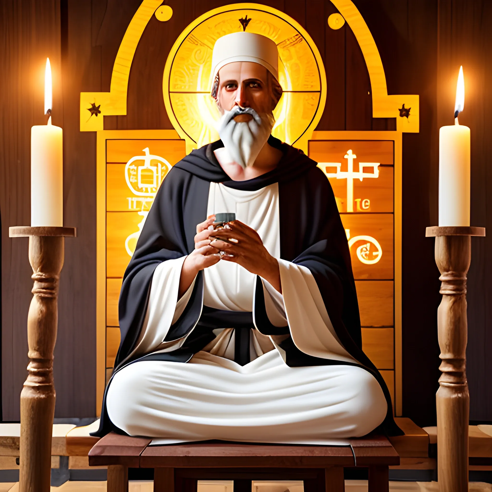 A Greek saint in traditional monastic robes with a serene expression, sitting cross-legged on a simple wooden stool in a candle-lit chapel, surrounded by ancient icons.
