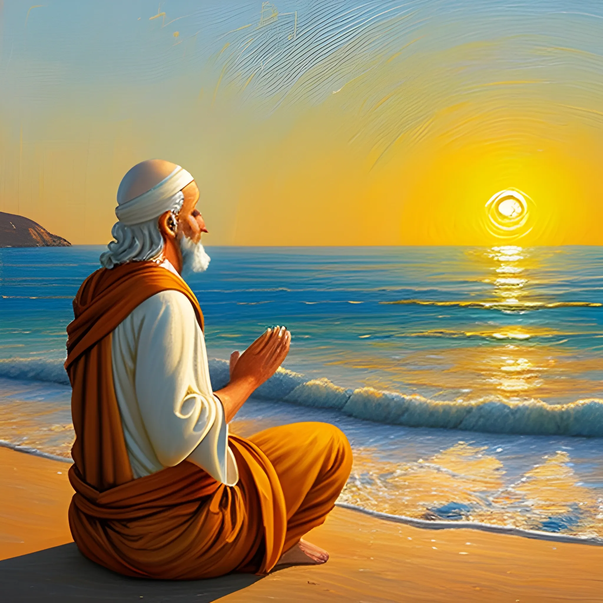 A Greek saint meditating by the shores of a calm sea, with gentle waves lapping at the sand and the setting sun casting a warm golden hue over the scene.
, Oil Painting