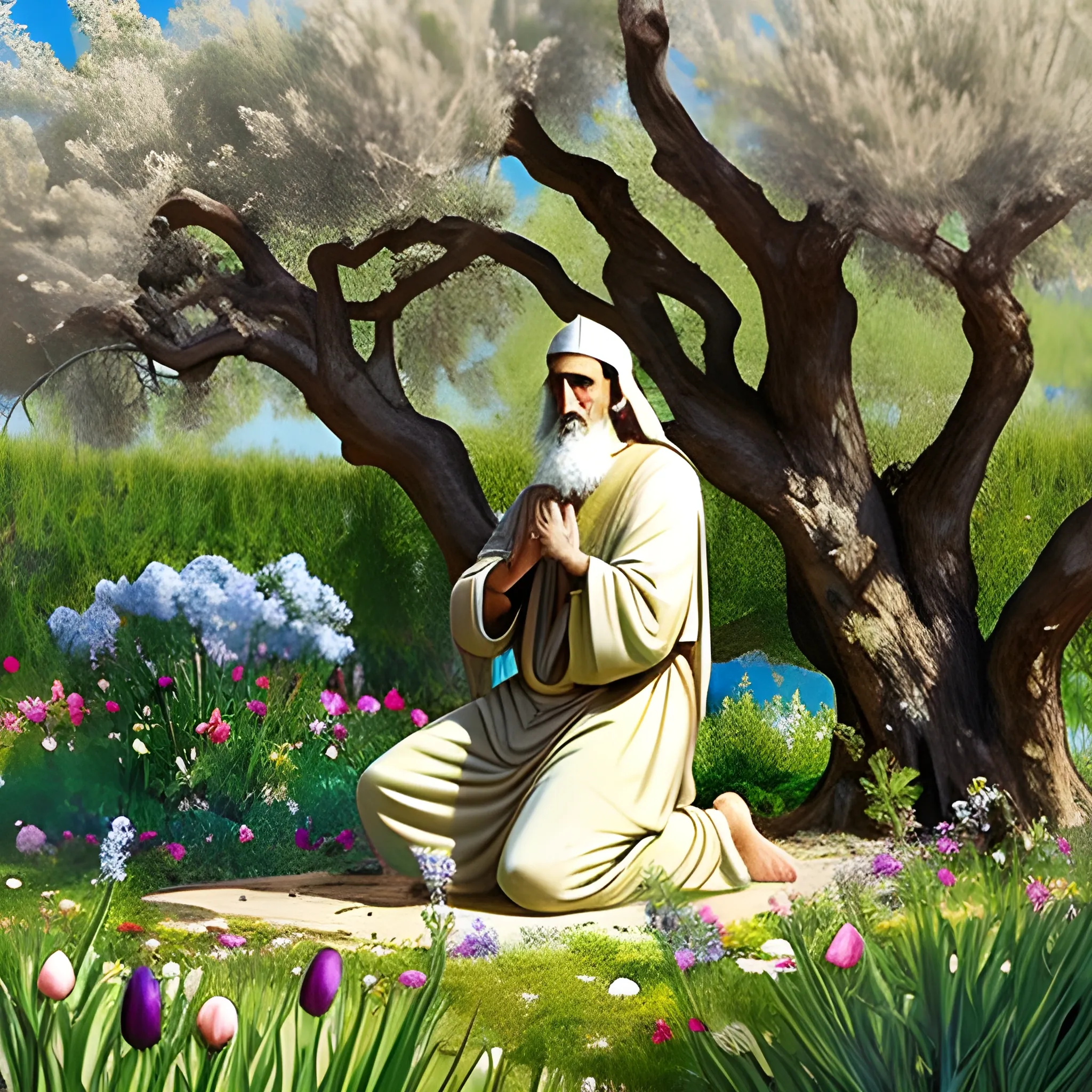 A Greek saint kneeling in a secluded garden, surrounded by blooming flowers and ancient olive trees, with a sense of peace and solitude., Trippy