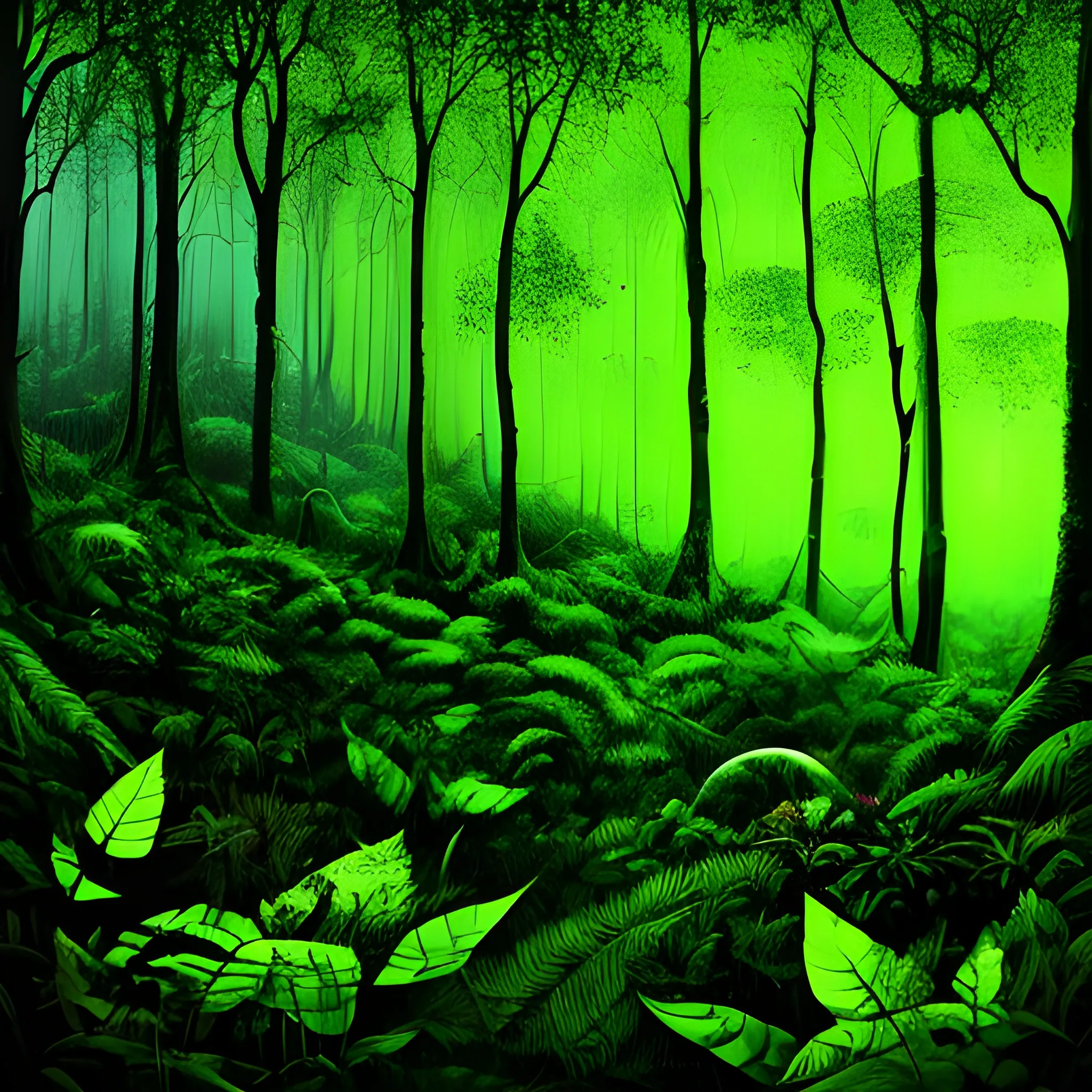 dense, dark, green, lush forest, Trippy