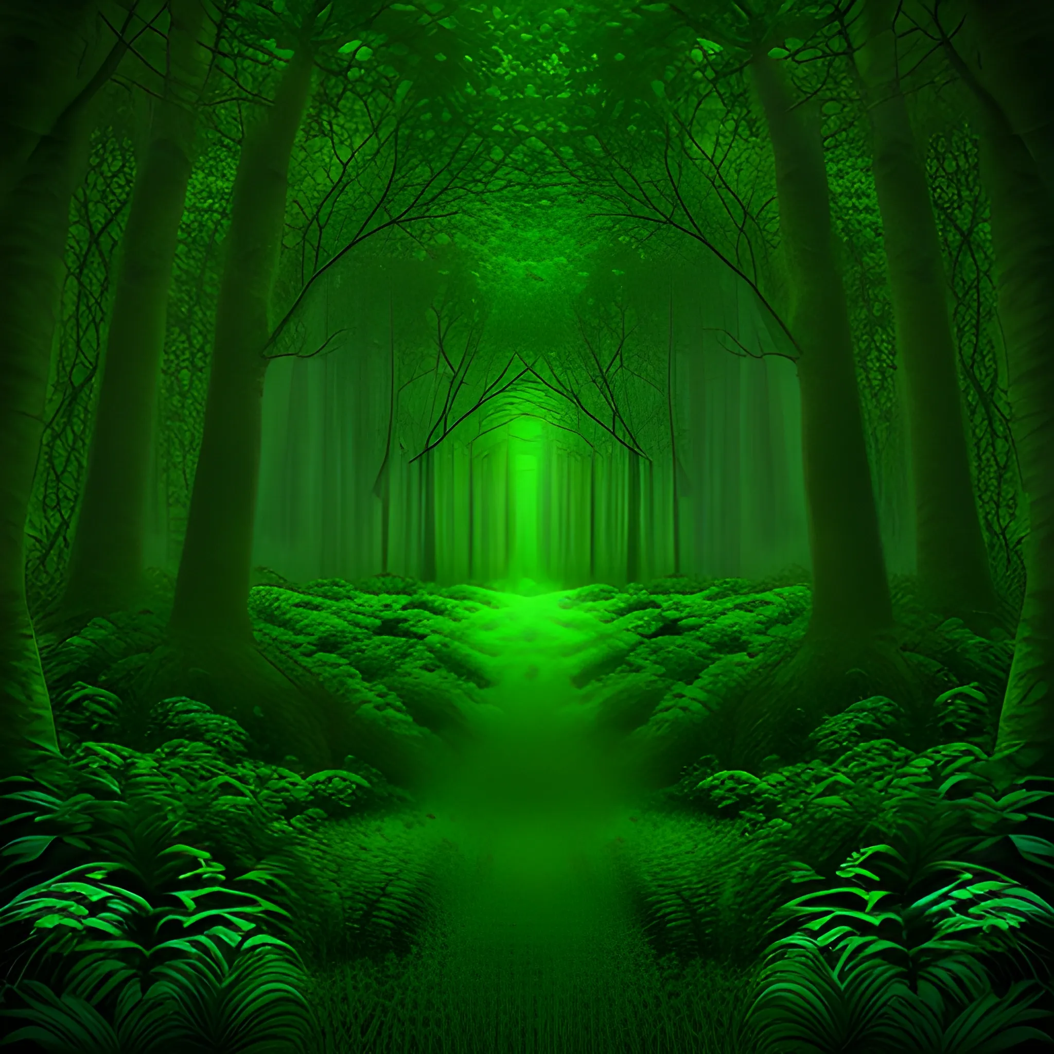 dense, dark, green, lush forest, Trippy, 3D