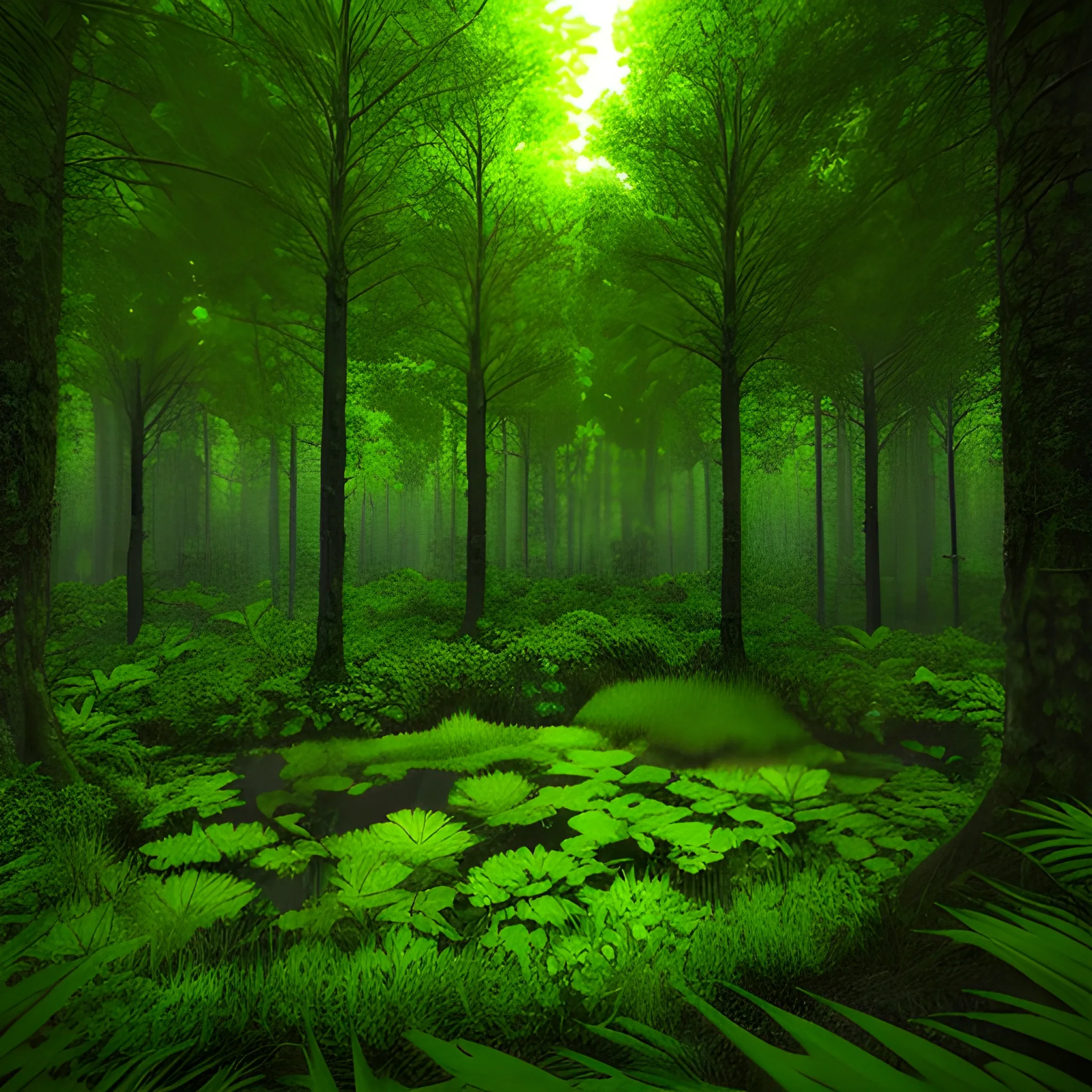 dense, dark, green, lush forest, 3D