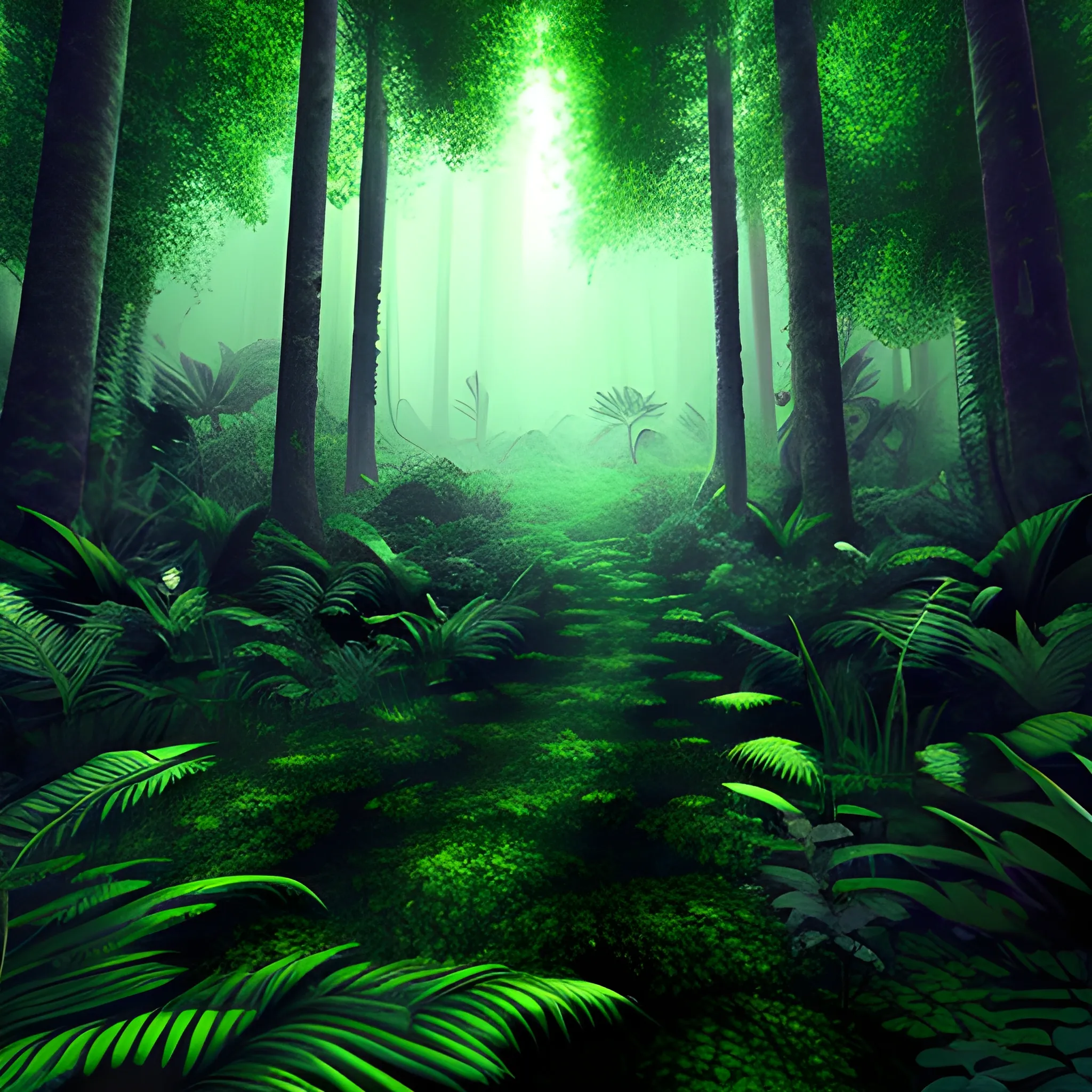 dense, dark, lush forest, 3D, Trippy