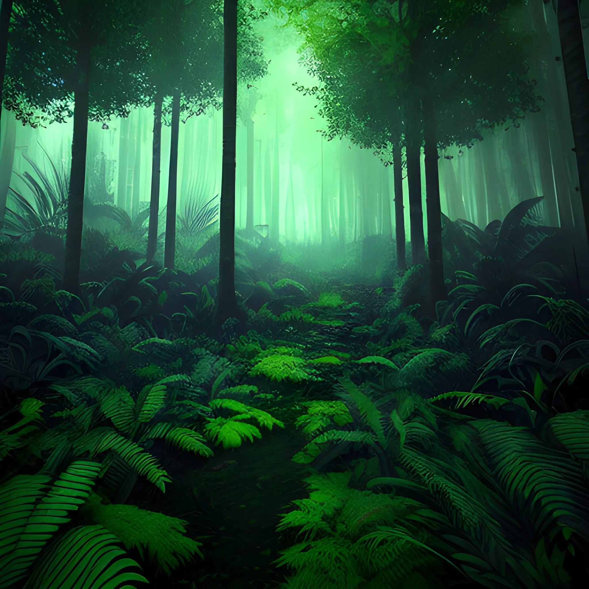 dense, dark, lush forest, 3D, Trippy