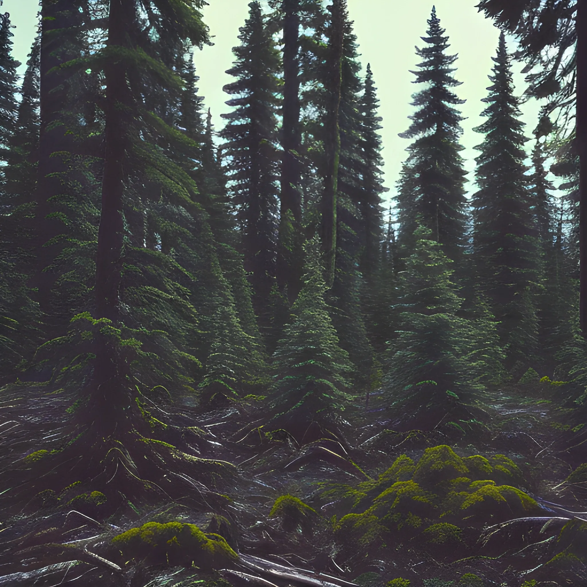 dark dense moldy coniferous forest