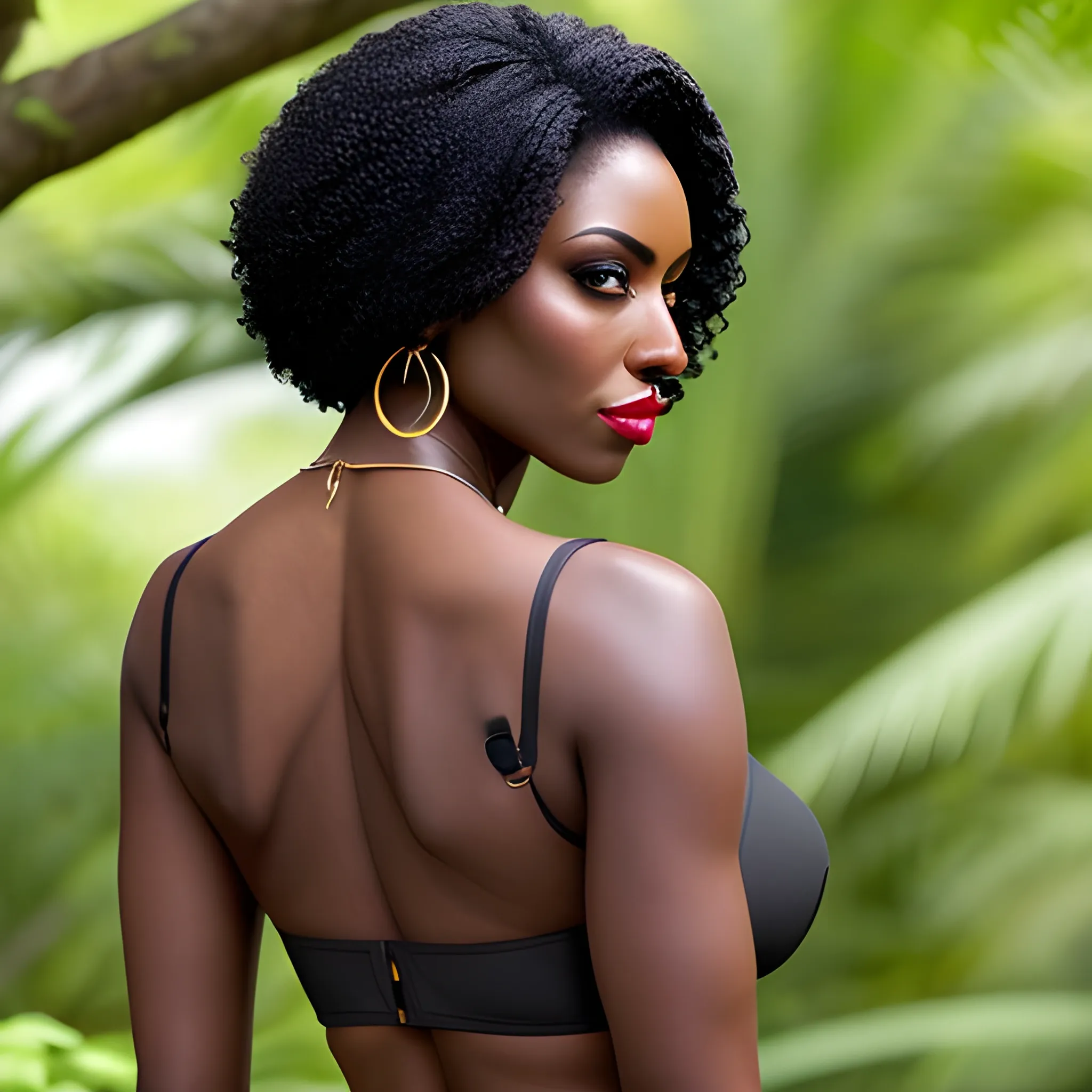 a woman with her back to the camera, looking_at_viewer, short_hair, multiple_girls, black_hair, 2girls, bare_shoulders, jewelry, medium_breasts, standing,  earrings, outdoors, parted_lips, solo_focus, day, looking_back, dark_skin, from_behind, dark-skinned_female, tree, lips, crop_top, back, nature, armlet, thong, realistic, bracer 4K quality