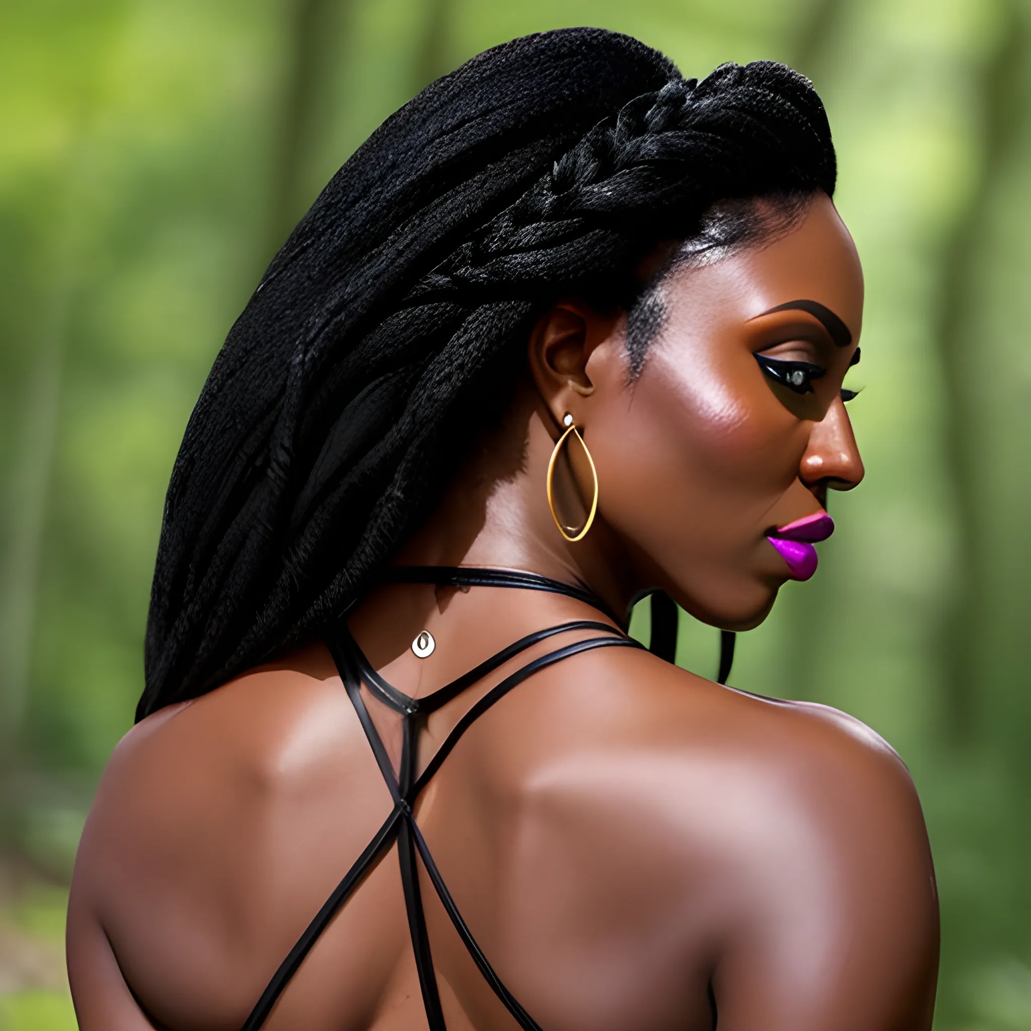 a woman with her back to the camera, looking_at_viewer, braided_hair, multiple_girls, black_hair, 2girls, bare_shoulders, jewelry, medium_ standing,  earrings, outdoors, parted_lips, solo_focus, day, looking_back, dark_skin, from_behind, dark-skinned_female, lips, crop_top, back, nature, armlet, thong, realistic, bracer 4K quality