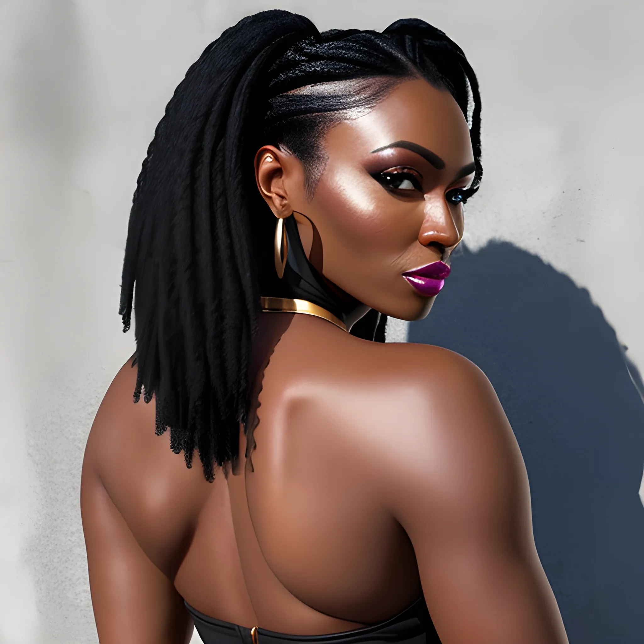 a woman with her back to the camera, looking_at_viewer, braided_hair, multiple_girls, black_hair, 2girls, bare_shoulders, jewelry, medium_ standing,  earrings, parted_lips, solo_focus, day, looking_back, dark_skin, from_behind, dark-skinned_female, lips, crop_top, back,  armlet, realistic, bracer 4K quality