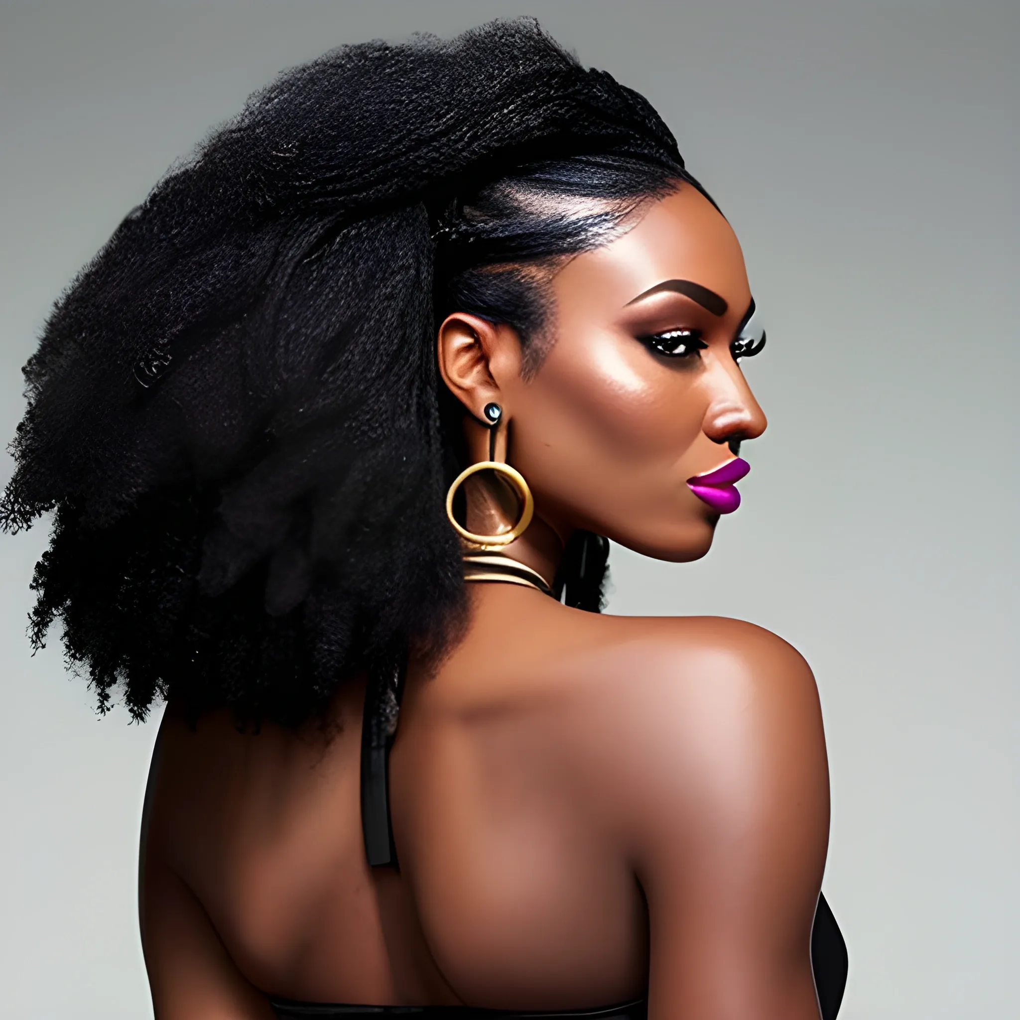 a woman with her back to the camera, looking_at_viewer, braided_hair, black_hair, 2girls, bare_shoulders, jewelry, medium_ standing,  earrings, parted_lips, solo_focus, day, looking_back, dark_skin, from_behind, dark-skinned_female, lips, crop_top, back,  armlet, realistic, bracer 4K quality