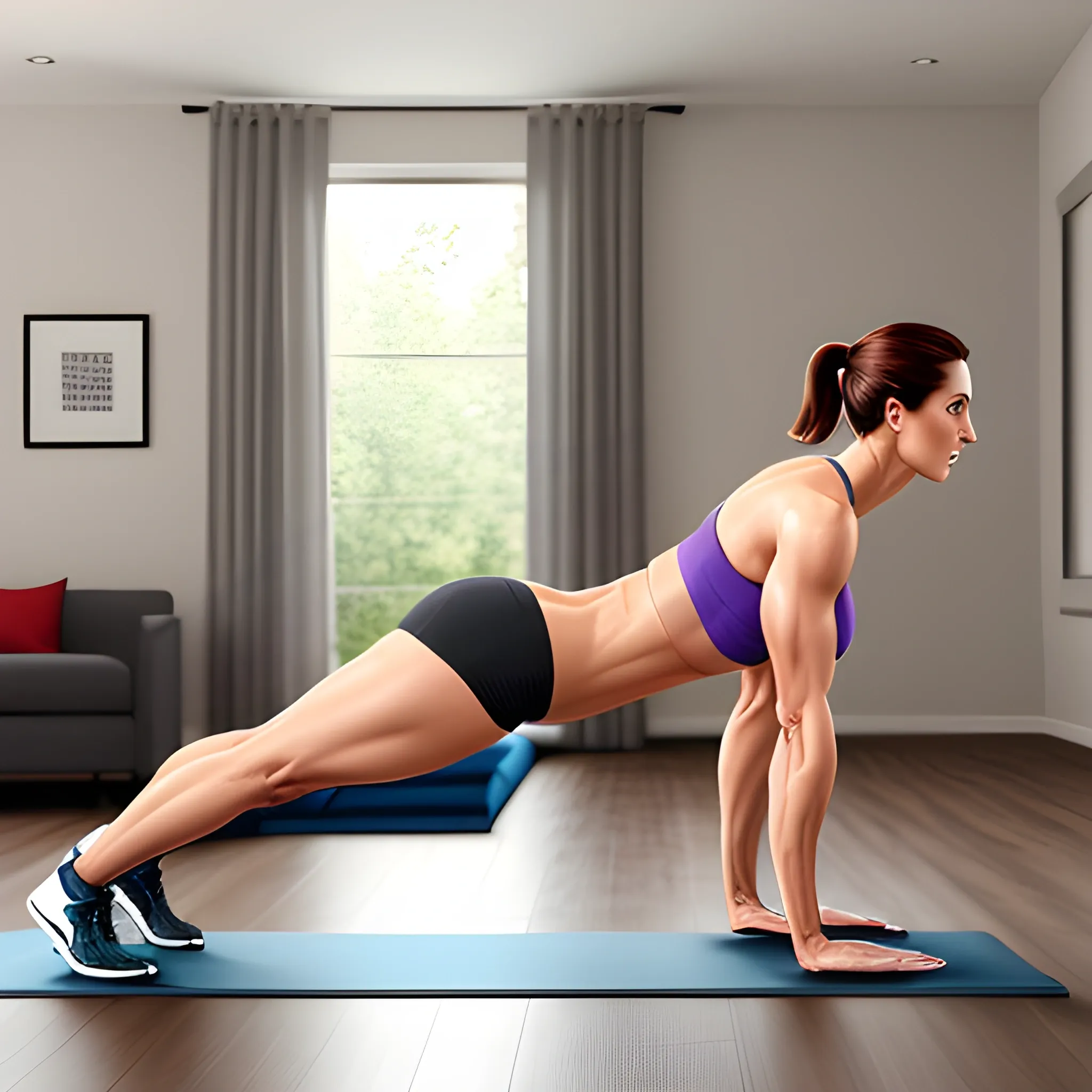 Realistic side view of a young lady doing pushups in right posture at home, realistic