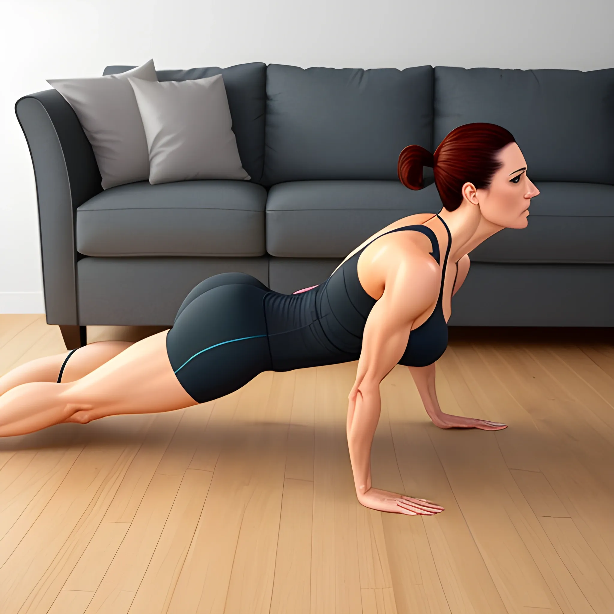 Realistic side view of a young lady doing pushups in right posture at home, realistic, fully dressed