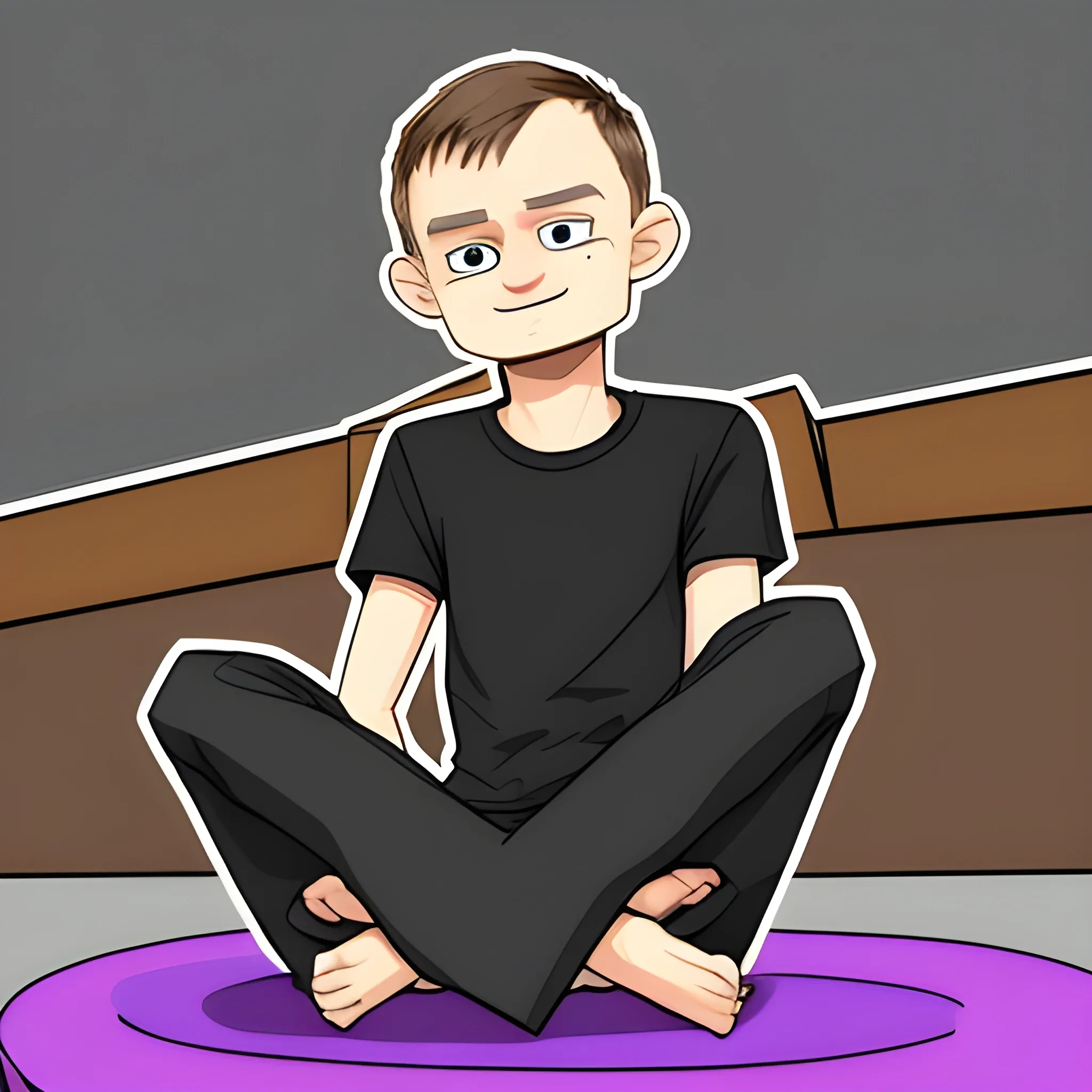 vitalik buterin sedang duduk di kursi, tangan menunjuk ke samping, Cartoon