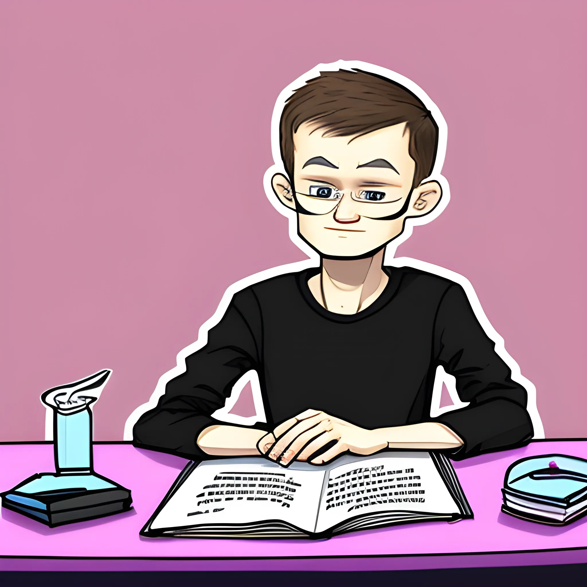 vitalik buterin sedang duduk di kursi, tangan menunjuk ke samping, Cartoon