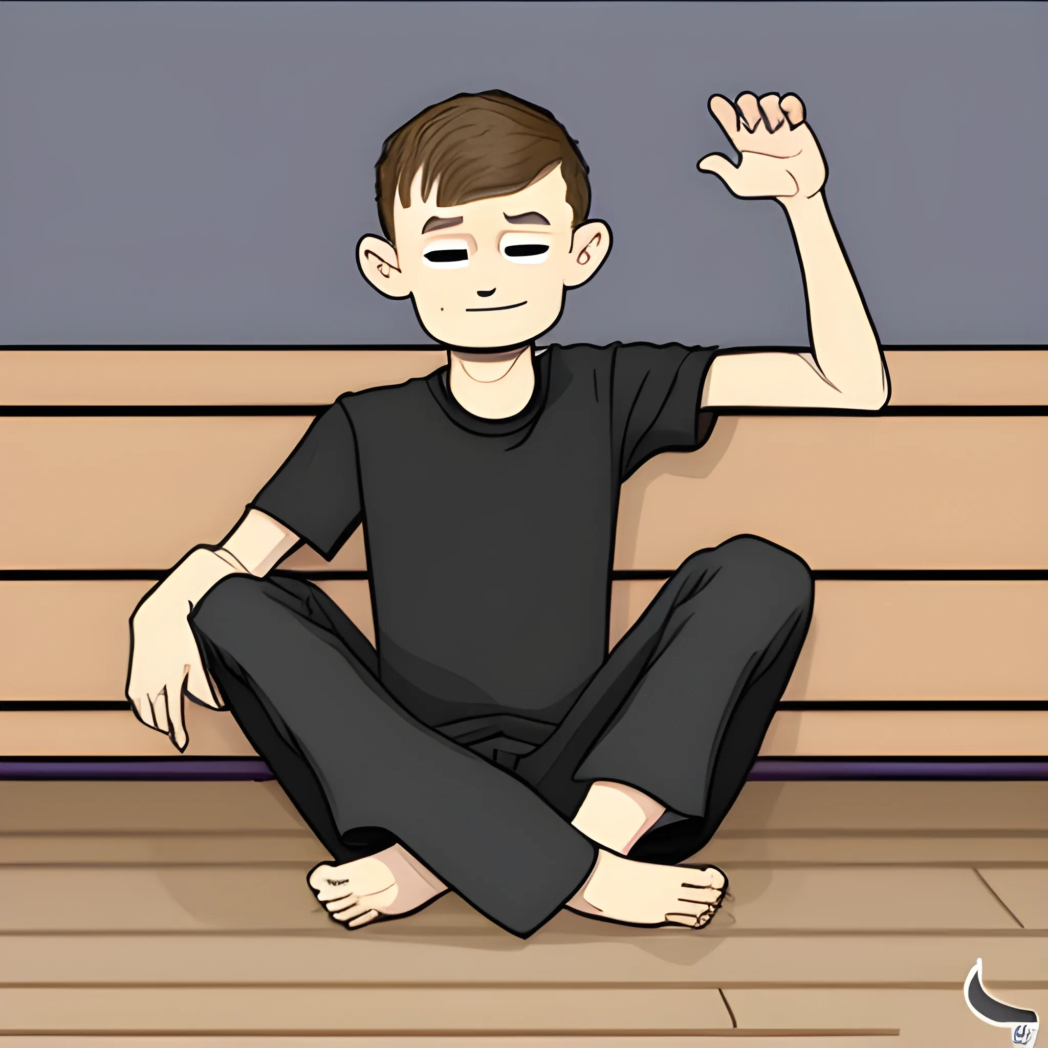 full body vitalik buterin sedang duduk di kursi, tangan menunjuk ke samping, Cartoon