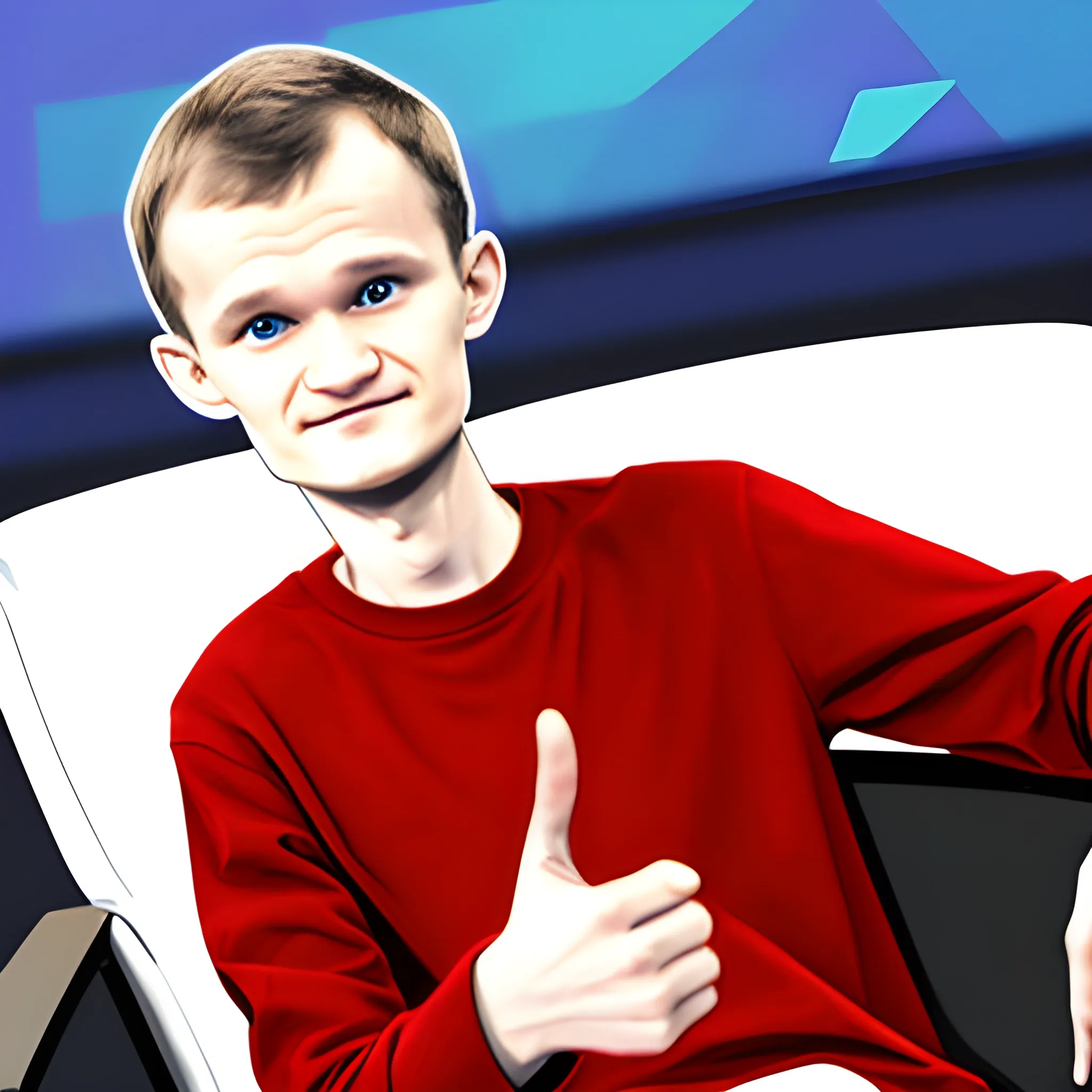 vitalik buterin is sitting in a chair, hands pointing to the sides