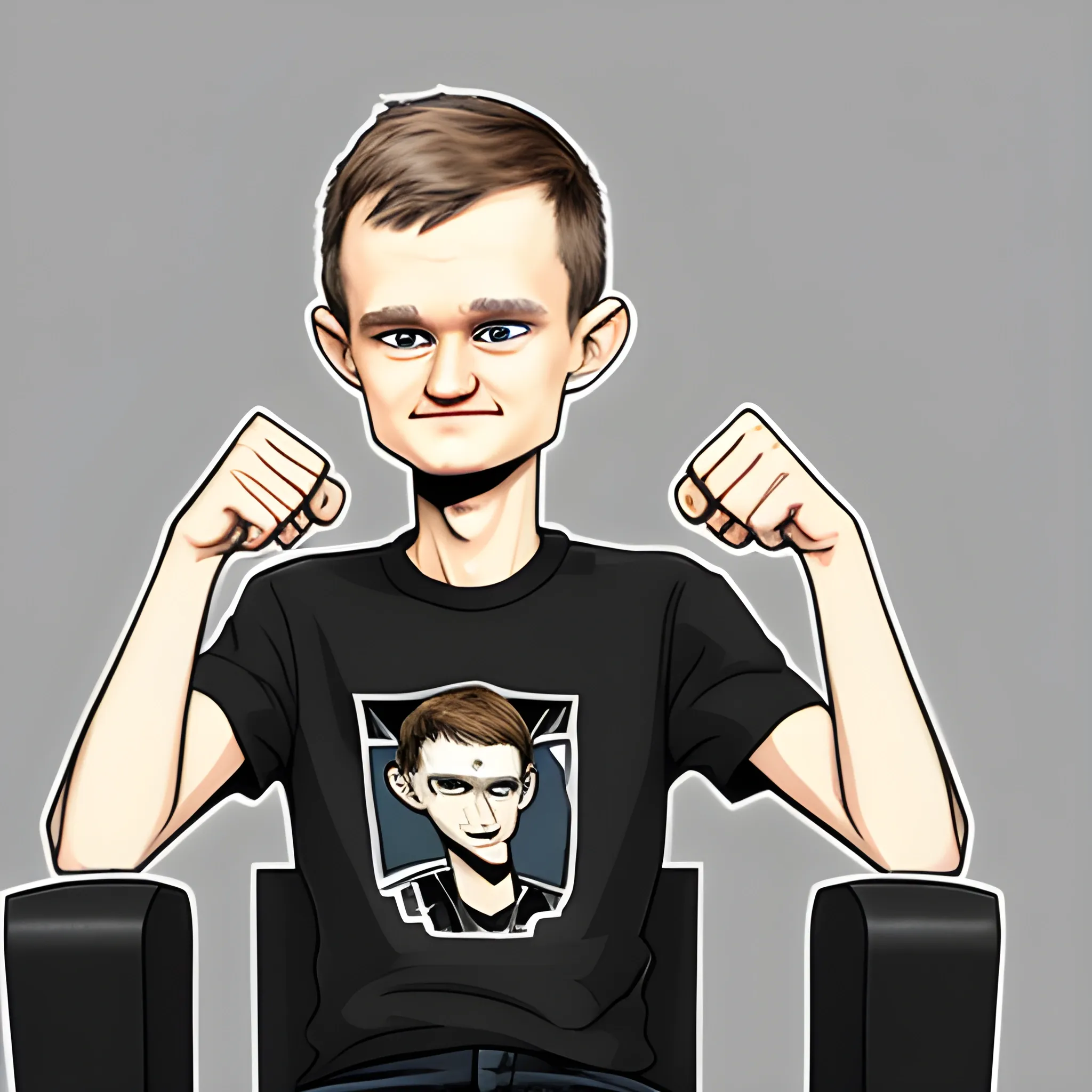 vitalik buterin is sitting in a chair, hands pointing to the sides, Cartoon