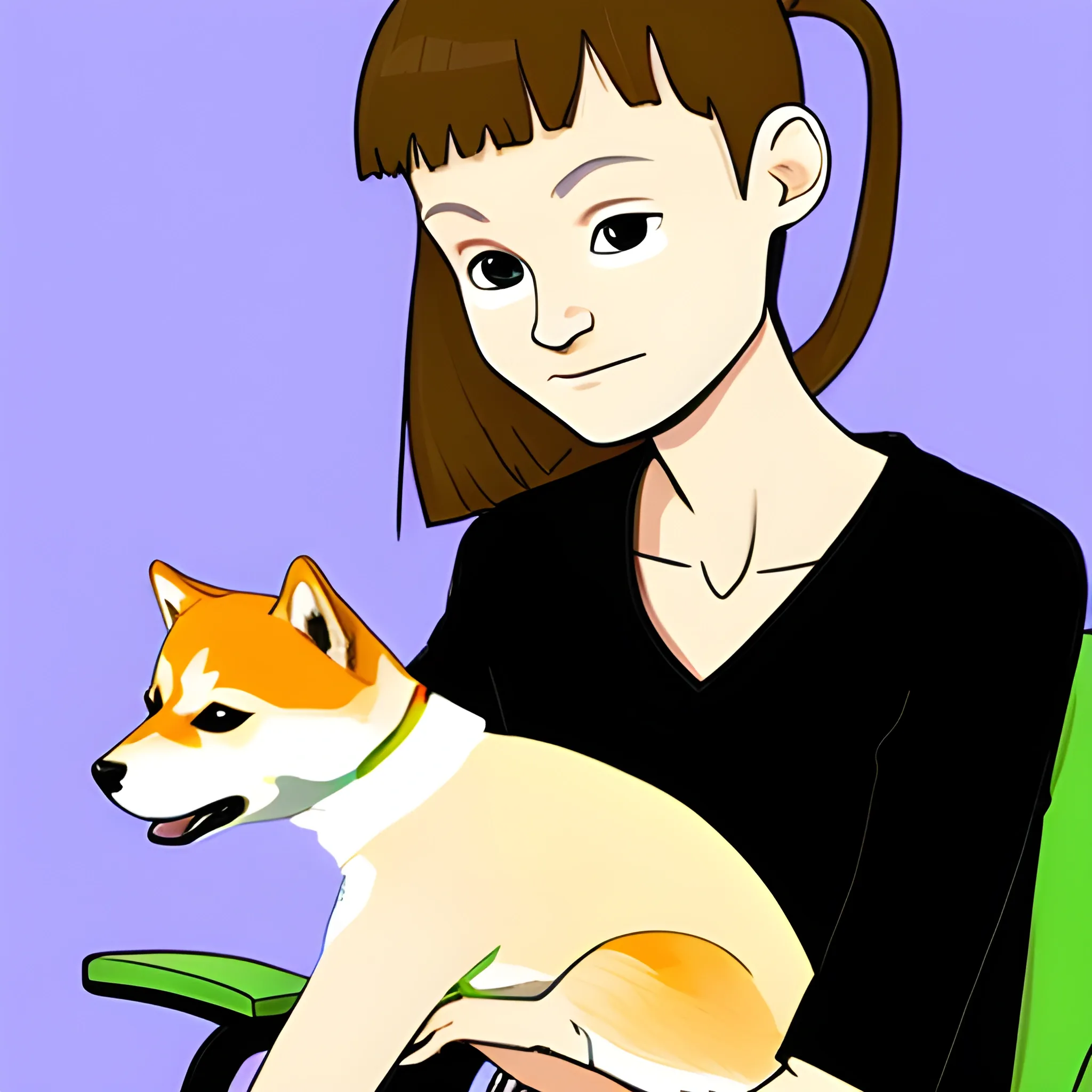 vitalik buterin and a woman are sitting on a chair, vitalik buterin's hand points to the side, a woman hugs a shiba inu, Cartoon