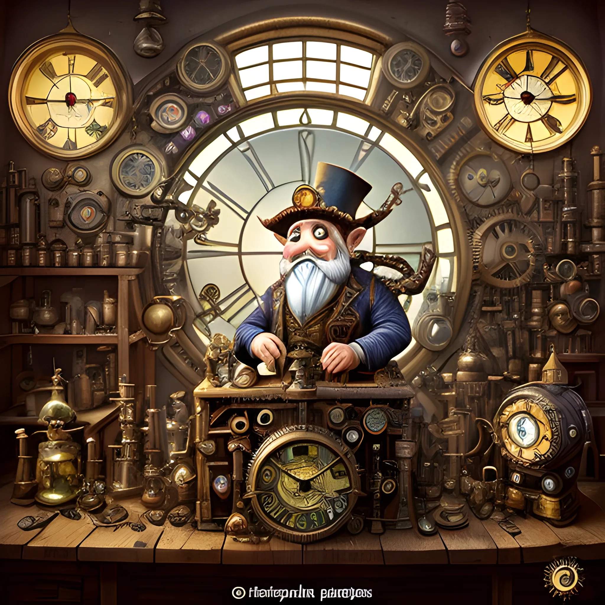 A steampunk-inspired digital illustration of a gnome inventor in a cluttered workshop, surrounded by intricate machinery and gears. The camera angle is a medium shot, capturing the gnome's enthusiastic expression as he tinkers with a fantastical contraption. The lighting is warm and atmospheric, with rays of sunlight streaming through stained glass windows, casting vibrant colors and ((shadows)) across the room. The style combines elements of steampunk and clock-punk, resembling the works of Jules Verne and H.R. Giger. The image is detailed and intricate, showcasing the gnome's ingenious inventions and the mesmerizing complexity of the steampunk world. It is a visually stunning artwork that captures the imagination.