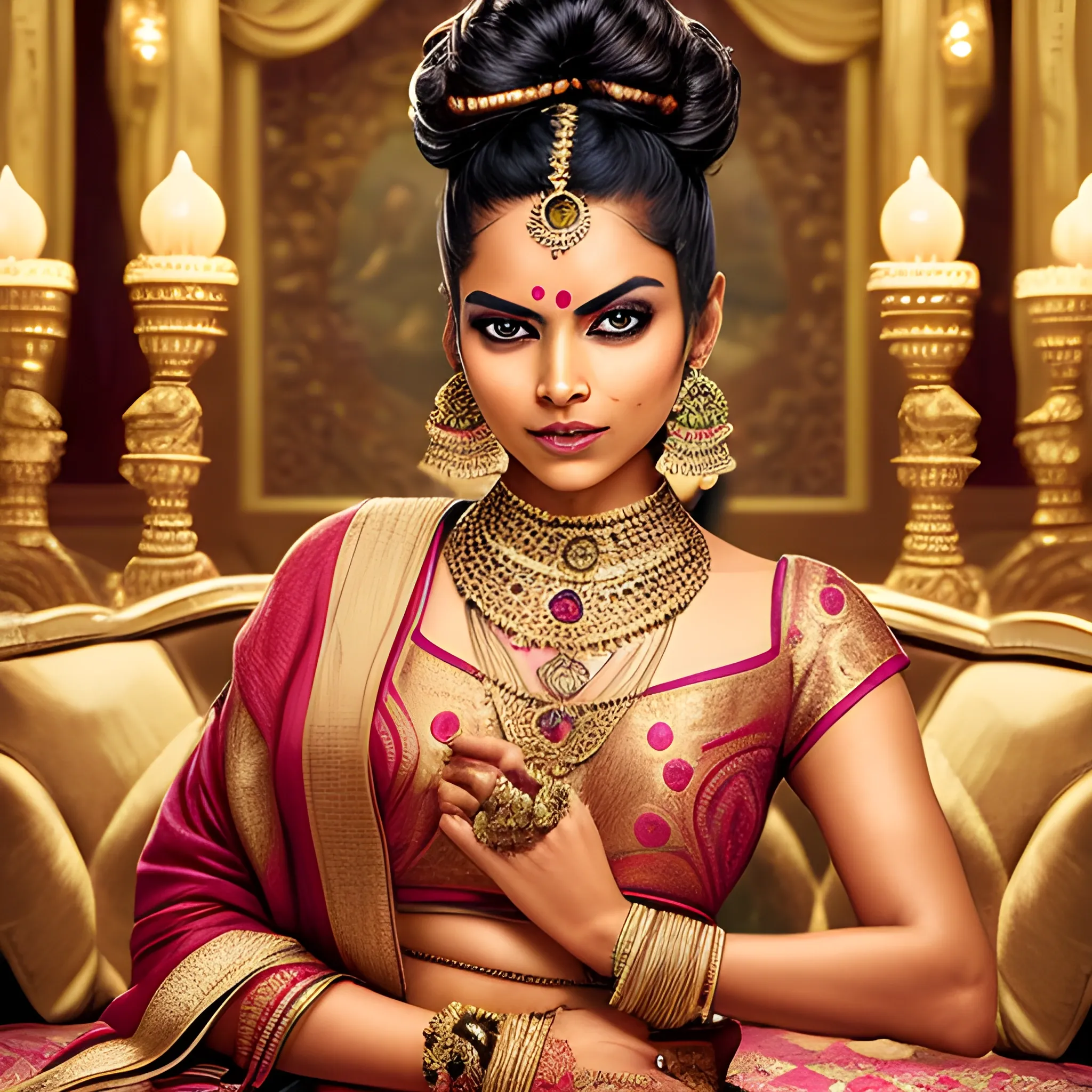 The Indian woman, with a hint of mischief in her eyes. She is adorned with intricate jewelry and her hair is styled in a neat bun. The setting is luxurious, with plush cushions and ornate decorations. 