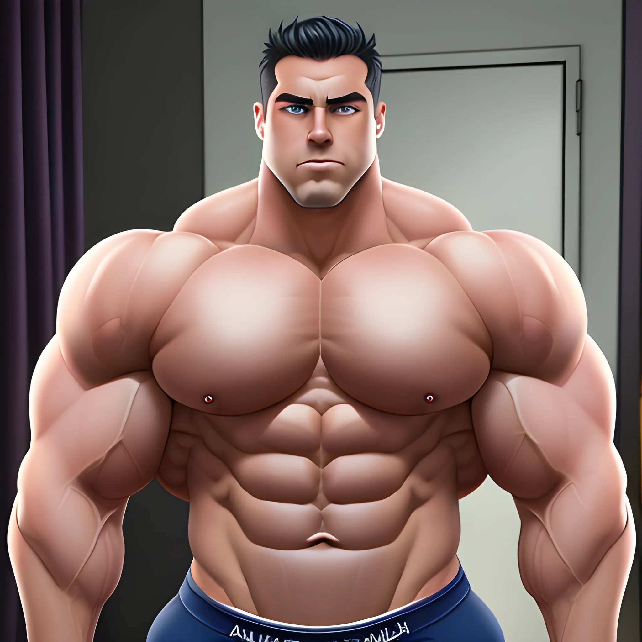 Male, blue eyes,Black hair, strong, huge chest muscles, eight-pack abdominal muscles, thick arms, big bulge, huge muscle, huge round, underwear man, big package, manly, beefy, Cartoon