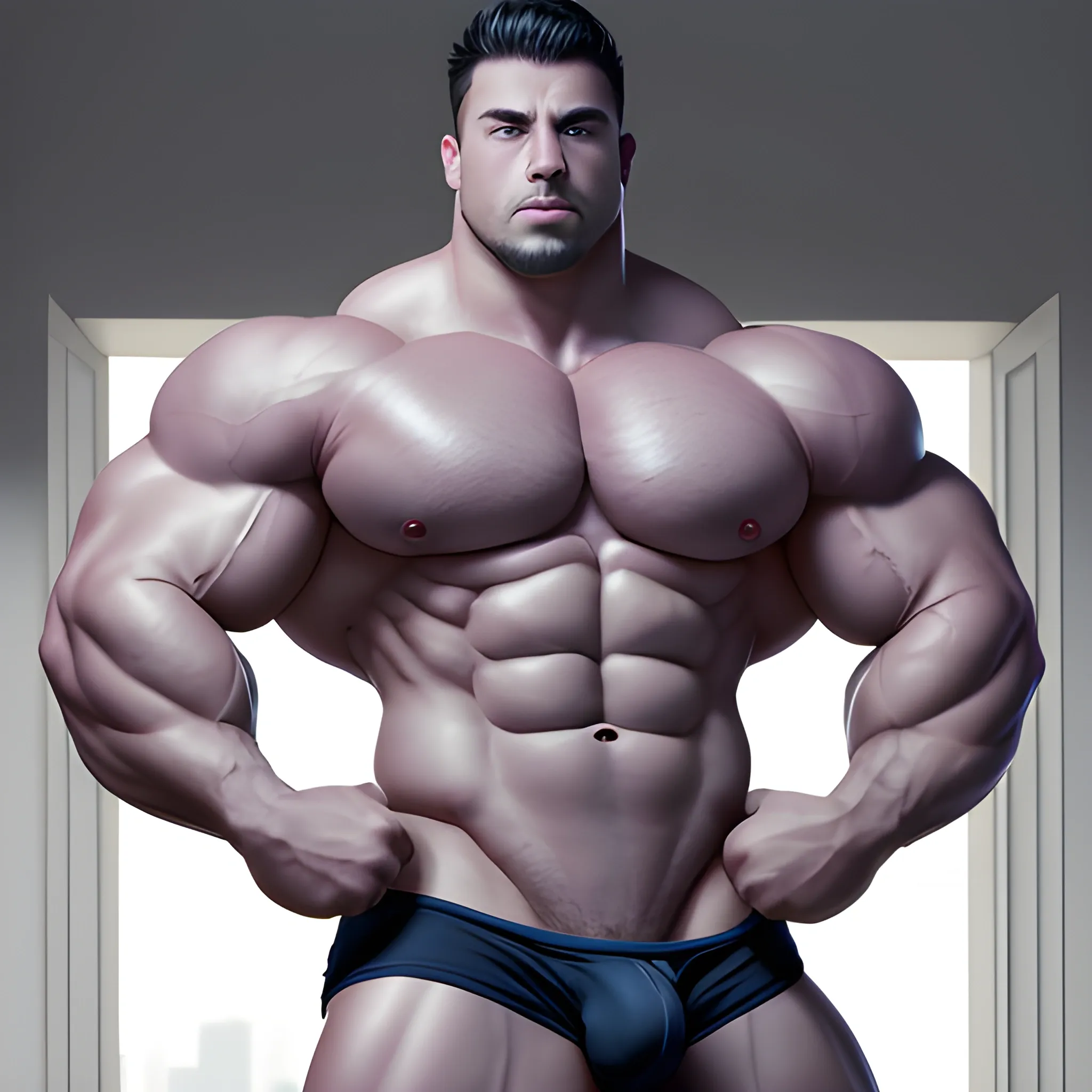 Male, blue eyes,Black hair, strong, huge chest muscles, eight-pack abdominal muscles, thick arms, big bulge, huge muscle, huge round, underwear man, big package, manly, beefy, Cartoon