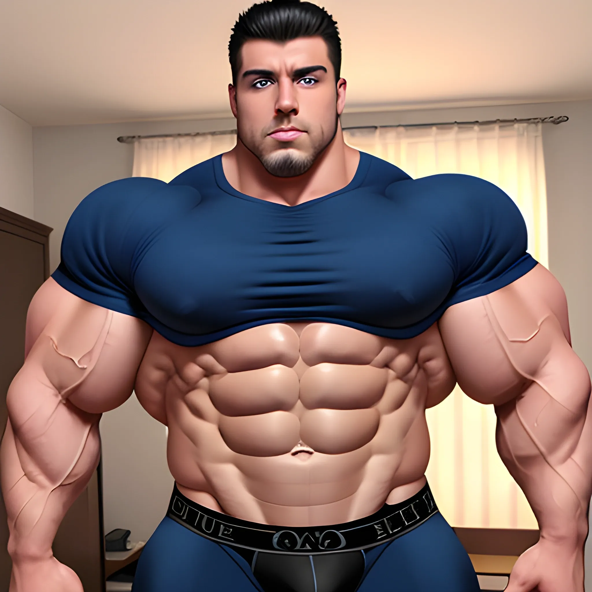 Male, blue eyes,Black hair, strong, huge chest muscles, eight-pack abdominal muscles, thick arms, big bulge, huge muscle, huge round, underwear man, big package, manly, beefy, Cartoon