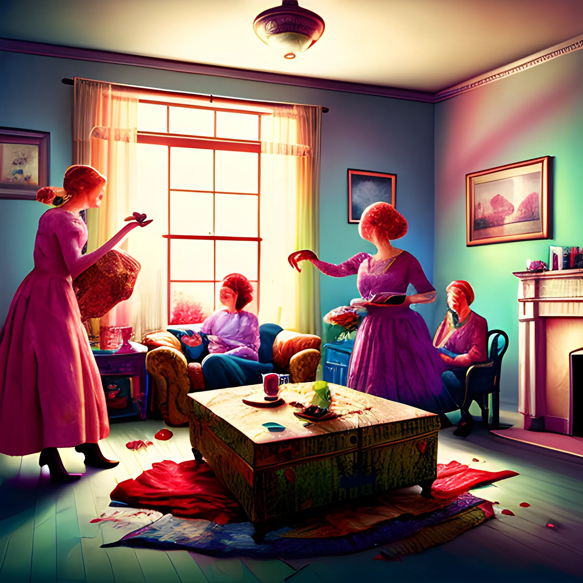 Abby maddening home husbands - Surreal photo-realistic domestic chaos infused with vibrant hues and soft, dreamlike lighting