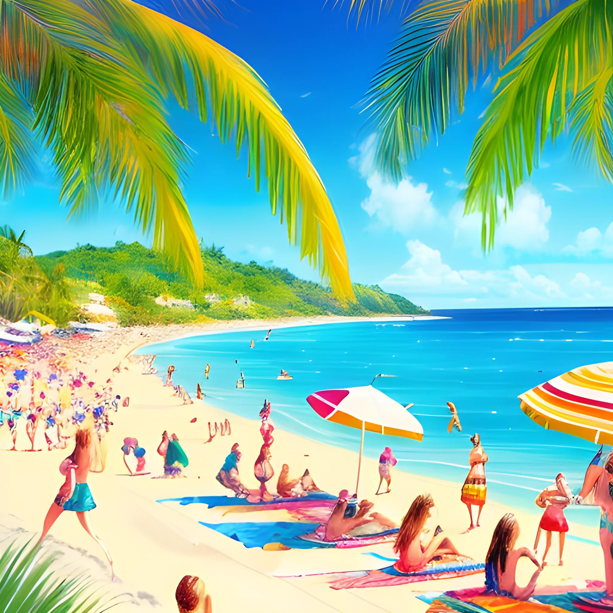 A beach with many women, vibrant, lively scene with multiple women enjoying the sun and sea, colorful, realistic, tropical vibes, dynamic composition, landscape, 