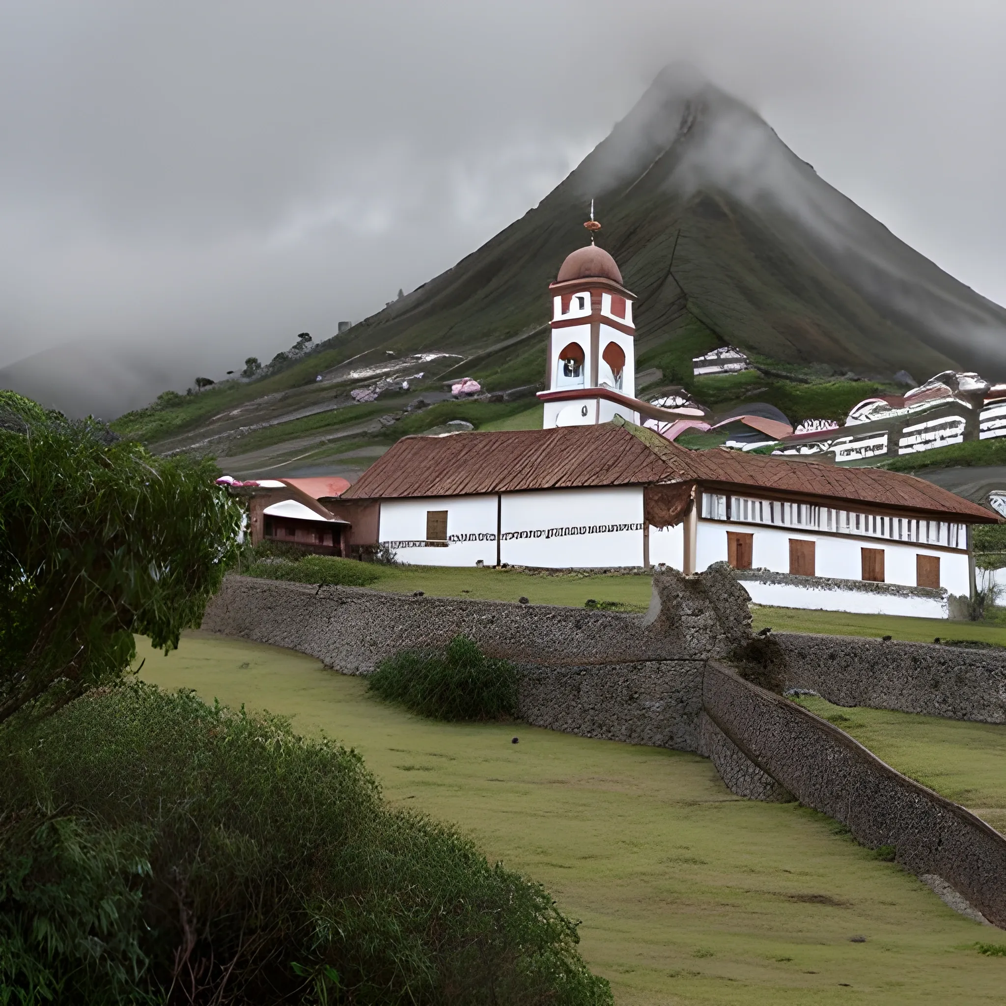 antigua forja vikinga rodeada de montañas y niebla