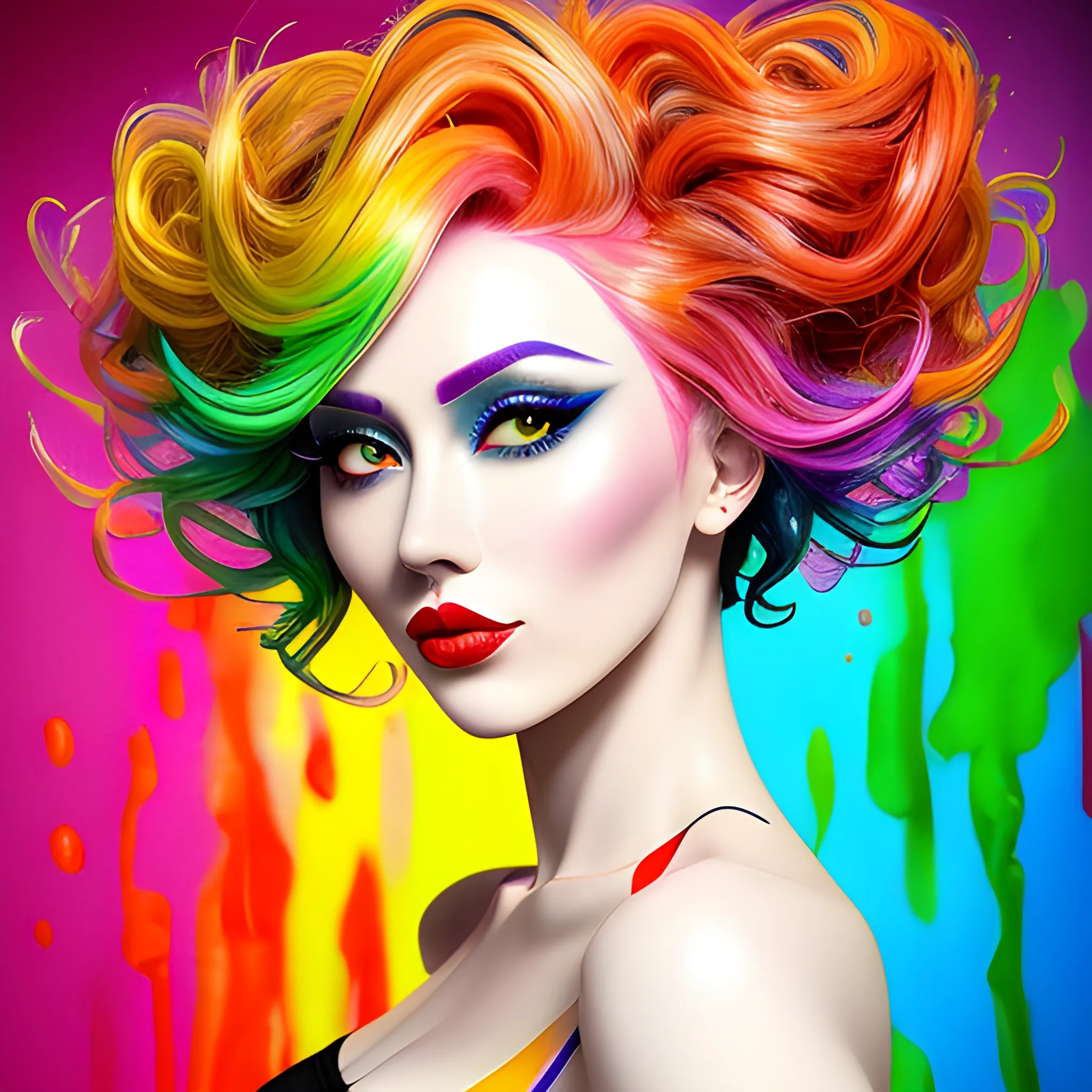 (Masterpiece Best Quality), (Extremely Complex: 1.2),, beautiful girl, big eyes, orange-red lipstick, silver-green bangs, short curly hair, wearing colorful and fashionable summer colorful pattern T-shirt half-sleeve, half-length picture, half-length photo, blue, red, yellow, pink, gradient hair, {neon pink hair, tender pink hair, tender blue hair, tender green hair, tender yellow hair,}, glowing hair, shirt, black eyes, blurred background, red lips, bangs, ((Colorful balloon background)), collarbone, colorful ink background, ((Ink splash)) (Color splash), standing picture, upper body ((Rainbow color hair)), gradient color, paint, highest quality, highest quality, masterpiece, depth of field, delicate and moist skin, cute girl, solo, wall covered with colorful paint, gradient, exquisite CG, exquisite and beautiful facial features, gorgeous highlights, crystal clear, beautiful, charming, shining, perfect, ultra-clear Chinese style