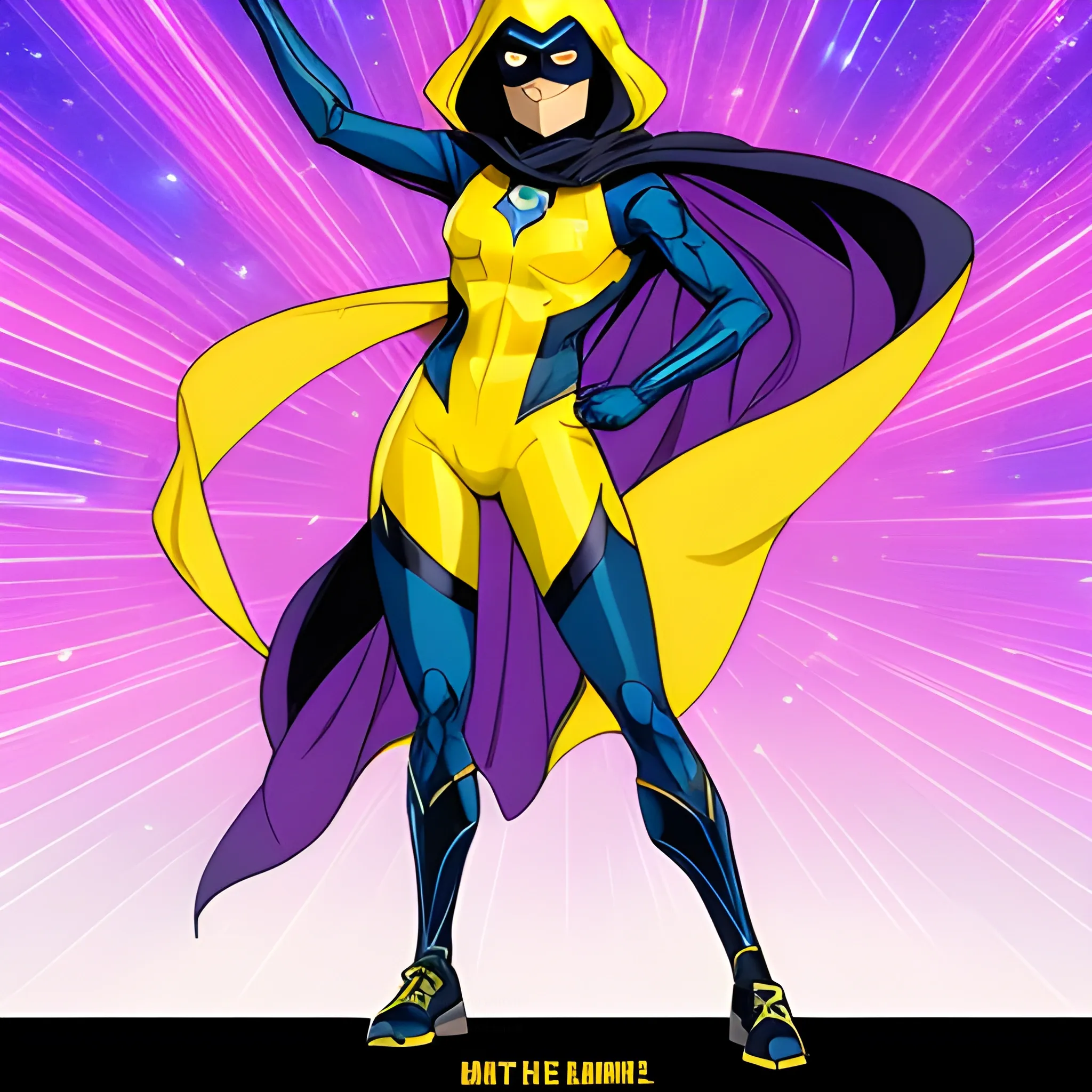 A mysterious Super Heroine named Cosmic 
Super Nova soaring through the air above Earth. The hero, standing 5'8" and weighing at a fit 135 lbs, is clad in dark lemon armor with a cowl concealing her identity. A striking exploding nova  emblem dominates the chest of the hero's suit. In her wake, a trail of fiery dust is scattered through the air, signifying the power and speed of this enigmatic figure.