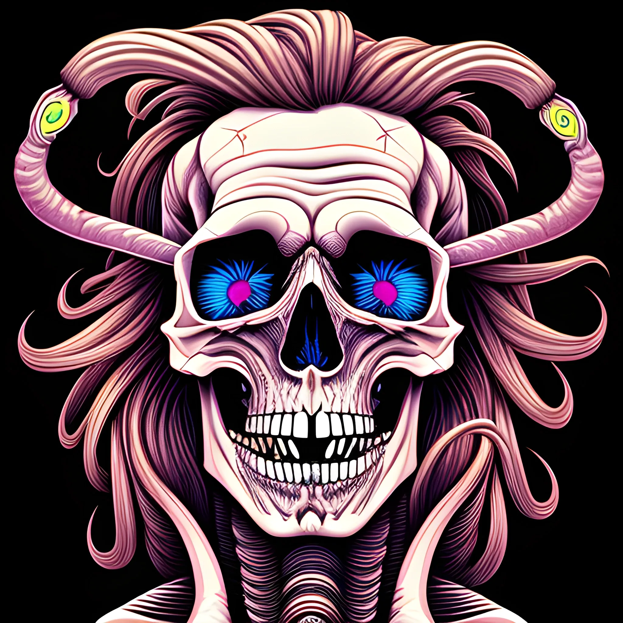 detailed ilustration of man half skull face, long hair, open mouth, Trippy, 