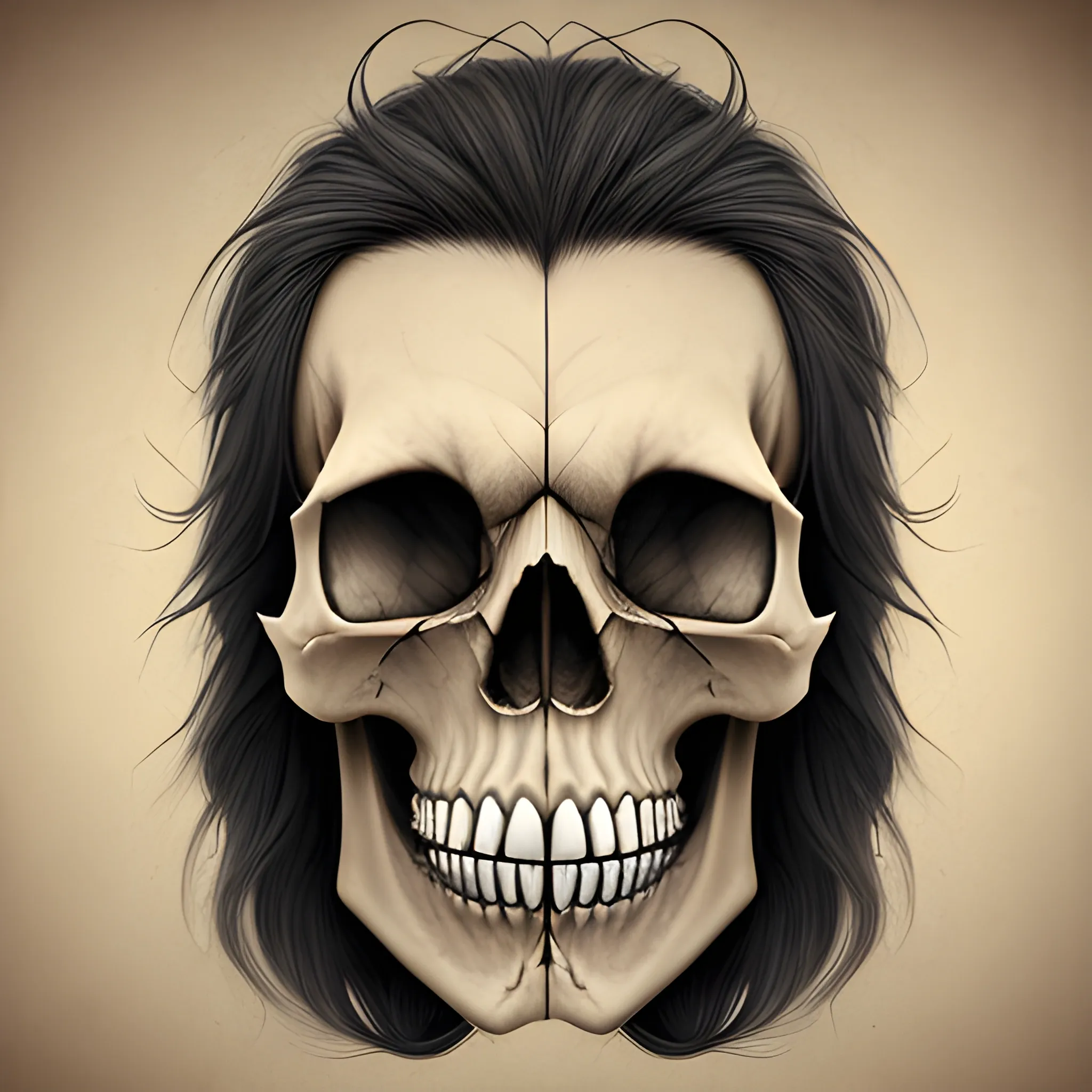 detailed ilustration of man half skull face, long hair, open mouth, 