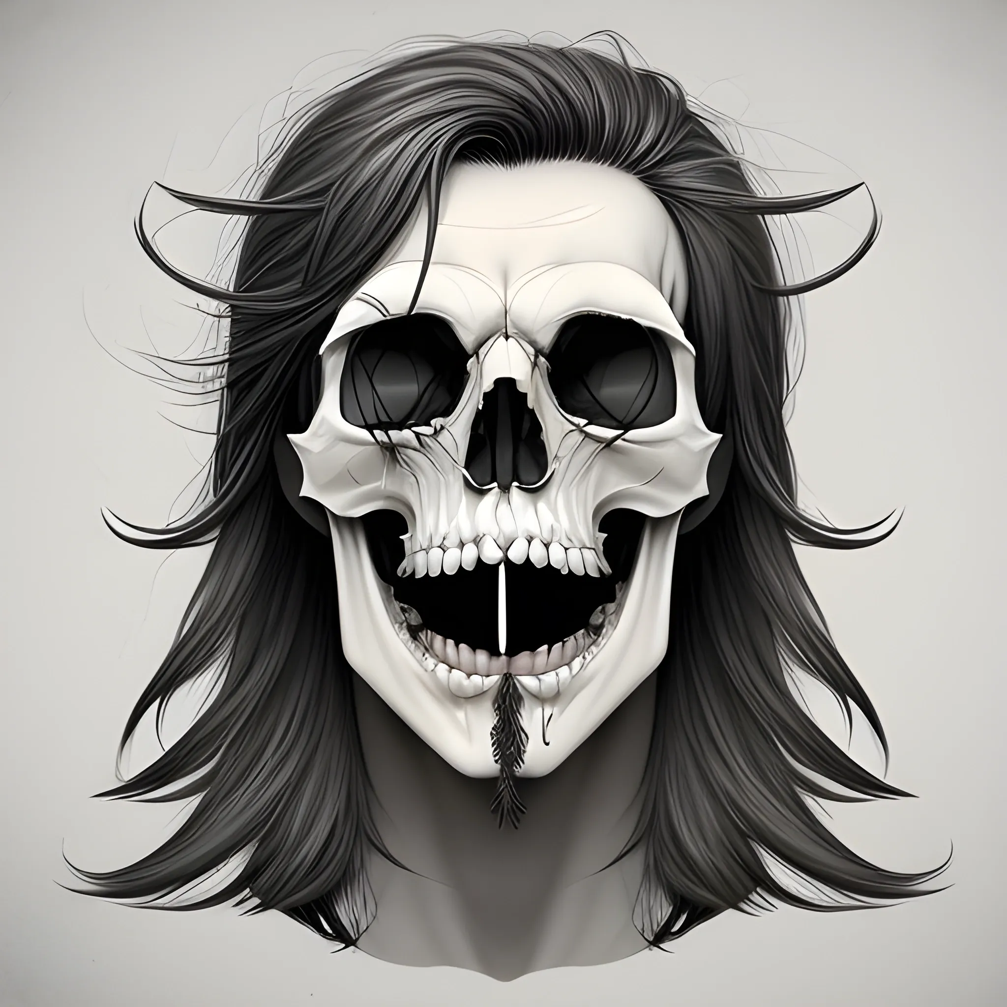 detailed ilustration of man half skull face, long hair, his mouth is open