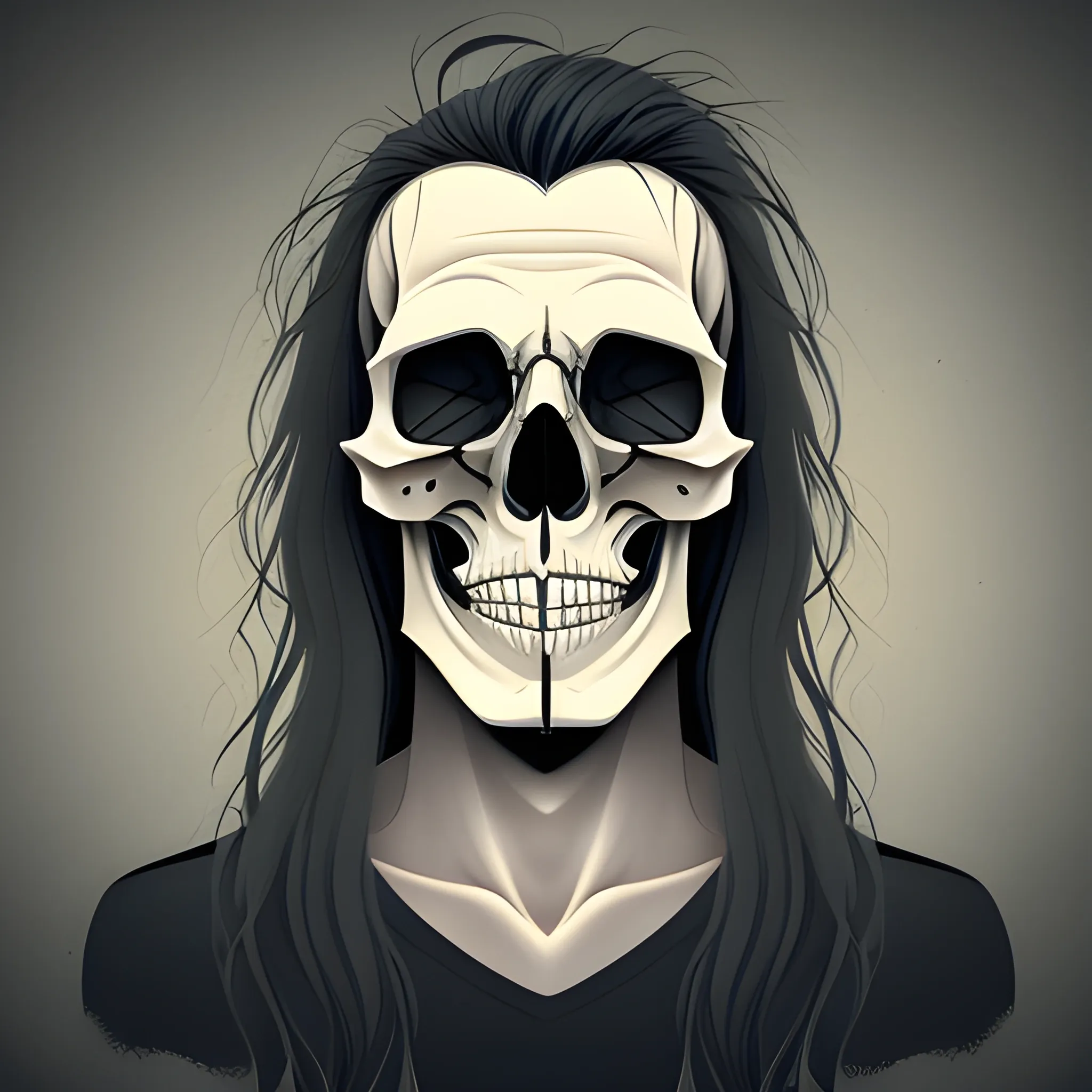 ilustration of man half skull face, long hair, his mouth is open