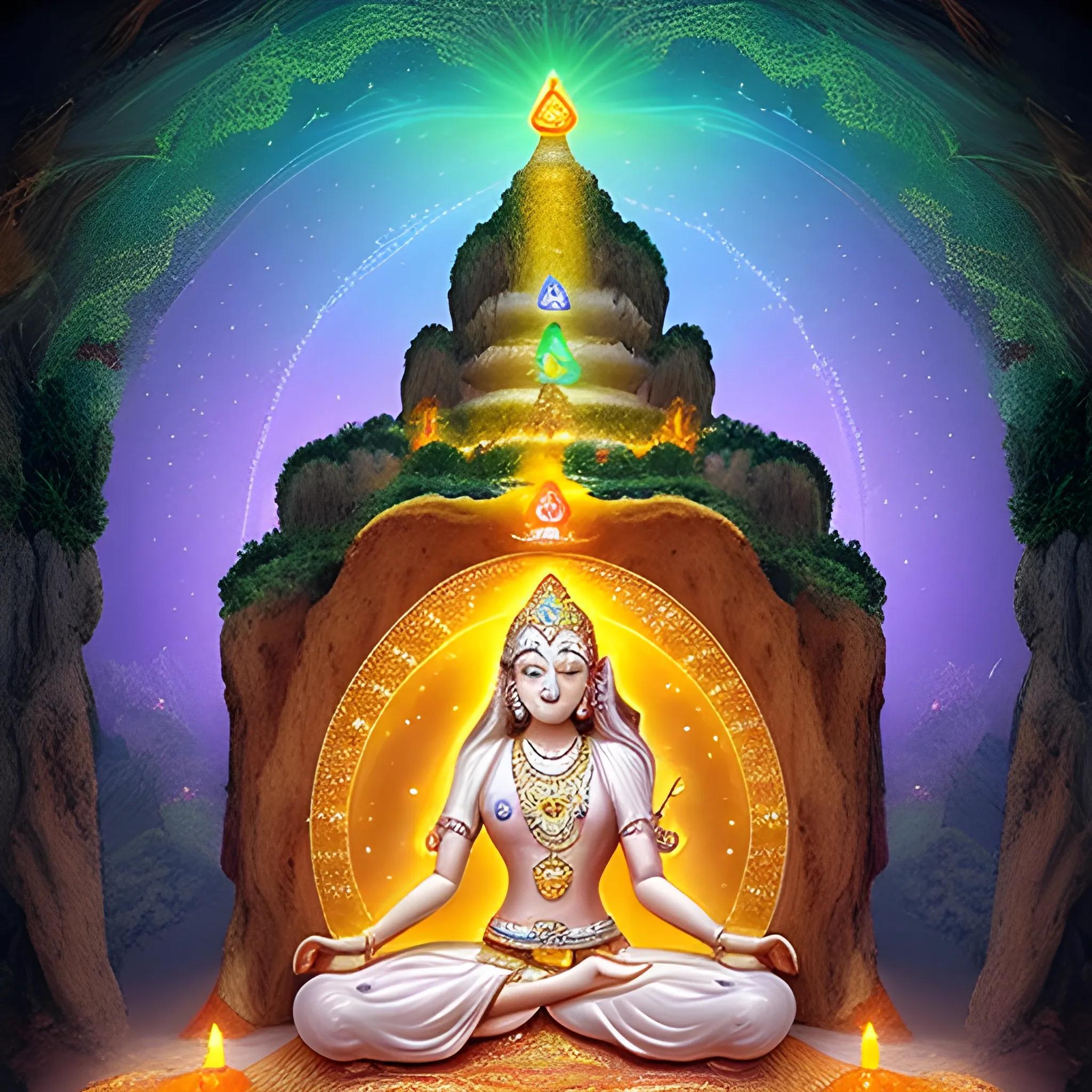 Visualize a Glimmering Grottoes on: The chakras should be aligned vertically, starting from the root chakra at the base and ending with the  chakra at the top of the human head. Add elements that suggest clarity and understanding, such as light bulbs, clear paths. The air is filled with a mystical Glimmering Grottoes, and the Hindi text "ॐ" form softly around them, emphasizing the spiritual journey beyond mere learning.