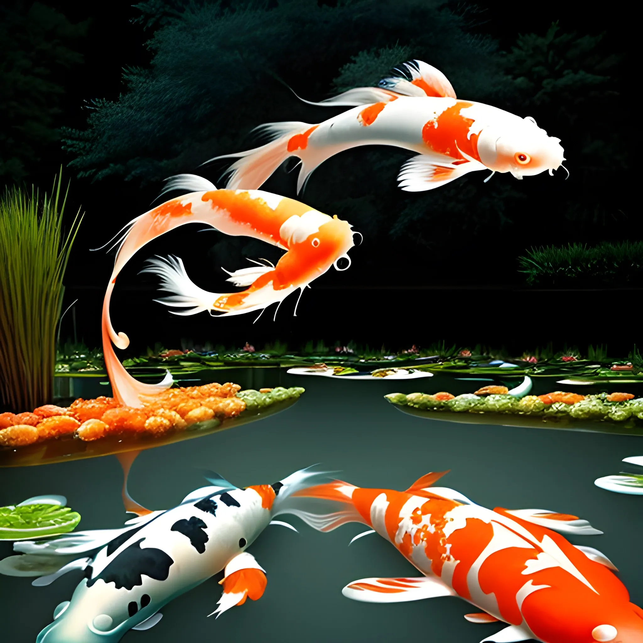 a surreal floating koi pond, physics defying, otherworldly, night scene