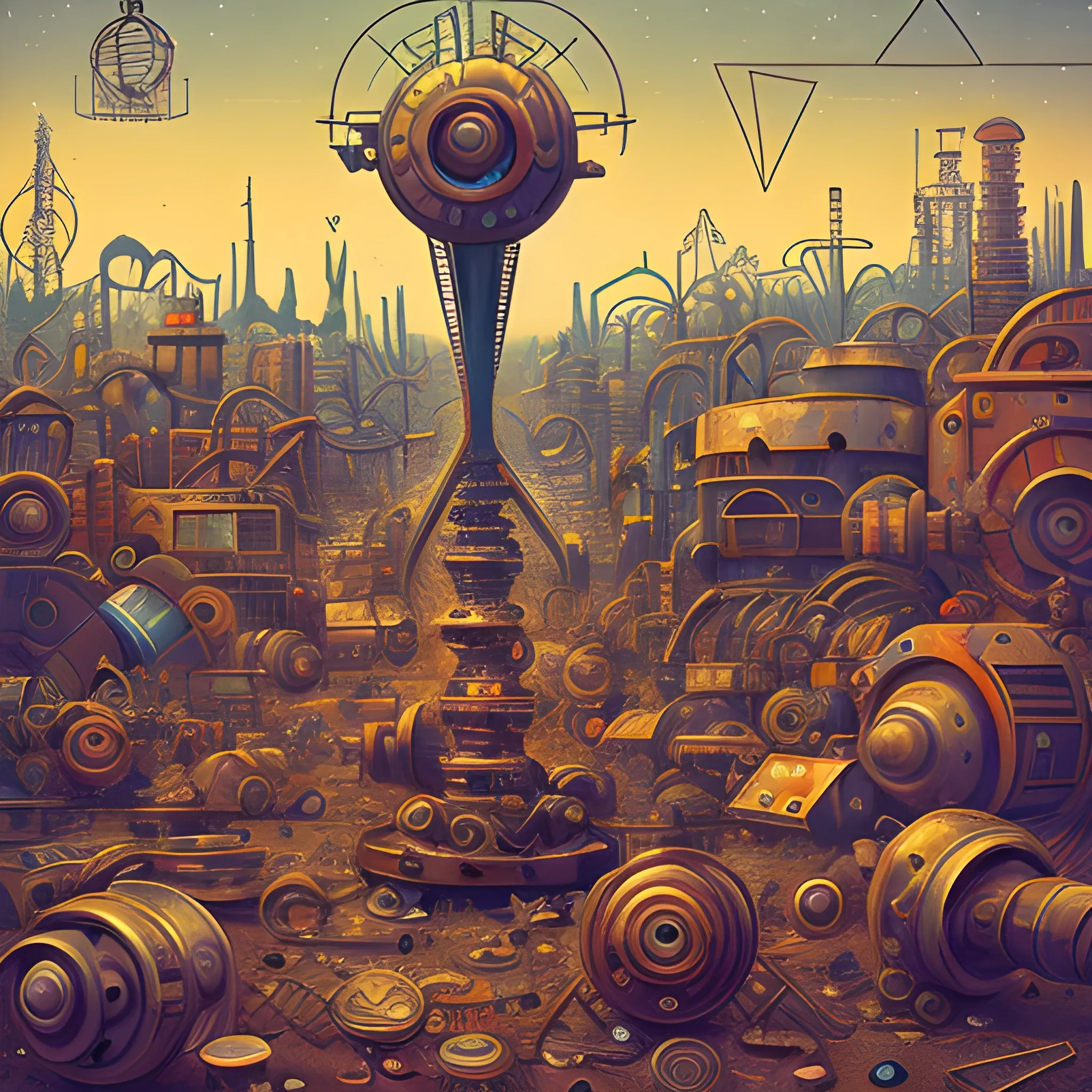 a swirling geometric Industrial junkyard, rusty robots, landscape, bold lines, optical illusion