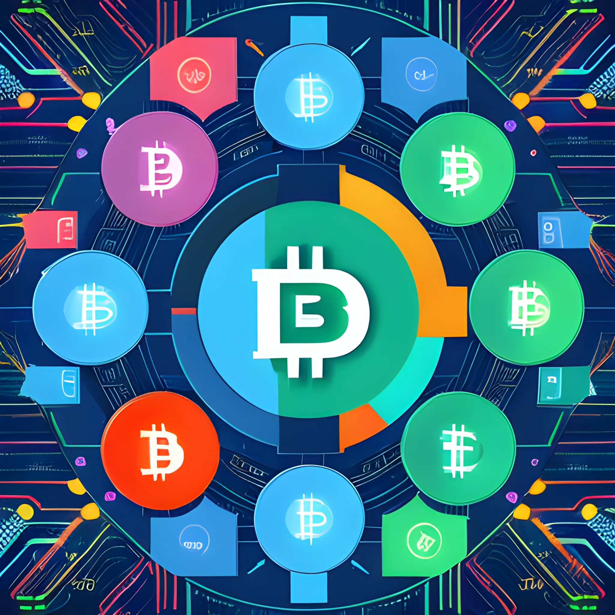 A futuristic cryptocurrency investment visual with colorful charts and digital coin symbols surrounding an abstract background