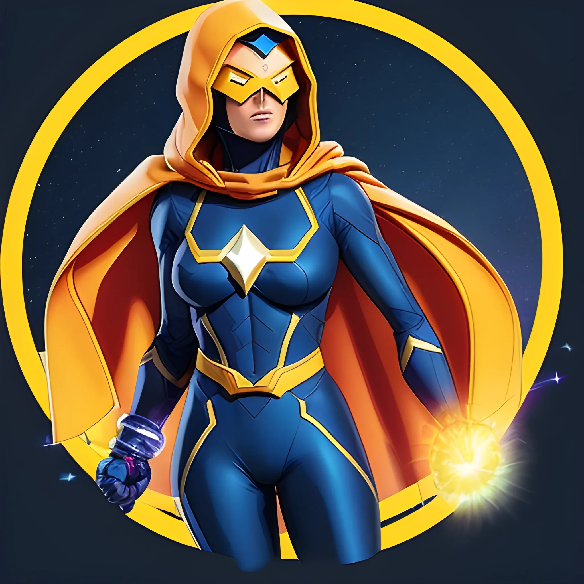 A mysterious Super Heroine named Cosmic 
Super Nova soaring through the air above Earth. The hero, standing 5'8" and weighing at a fit 135 lbs, is clad in dark lemon armor with a cowl concealing her identity. A striking exploding nova  emblem dominates the chest of the hero's suit. In her wake, a trail of fiery dust is scattered through the air, signifying the power and speed of this enigmatic figure. 3D