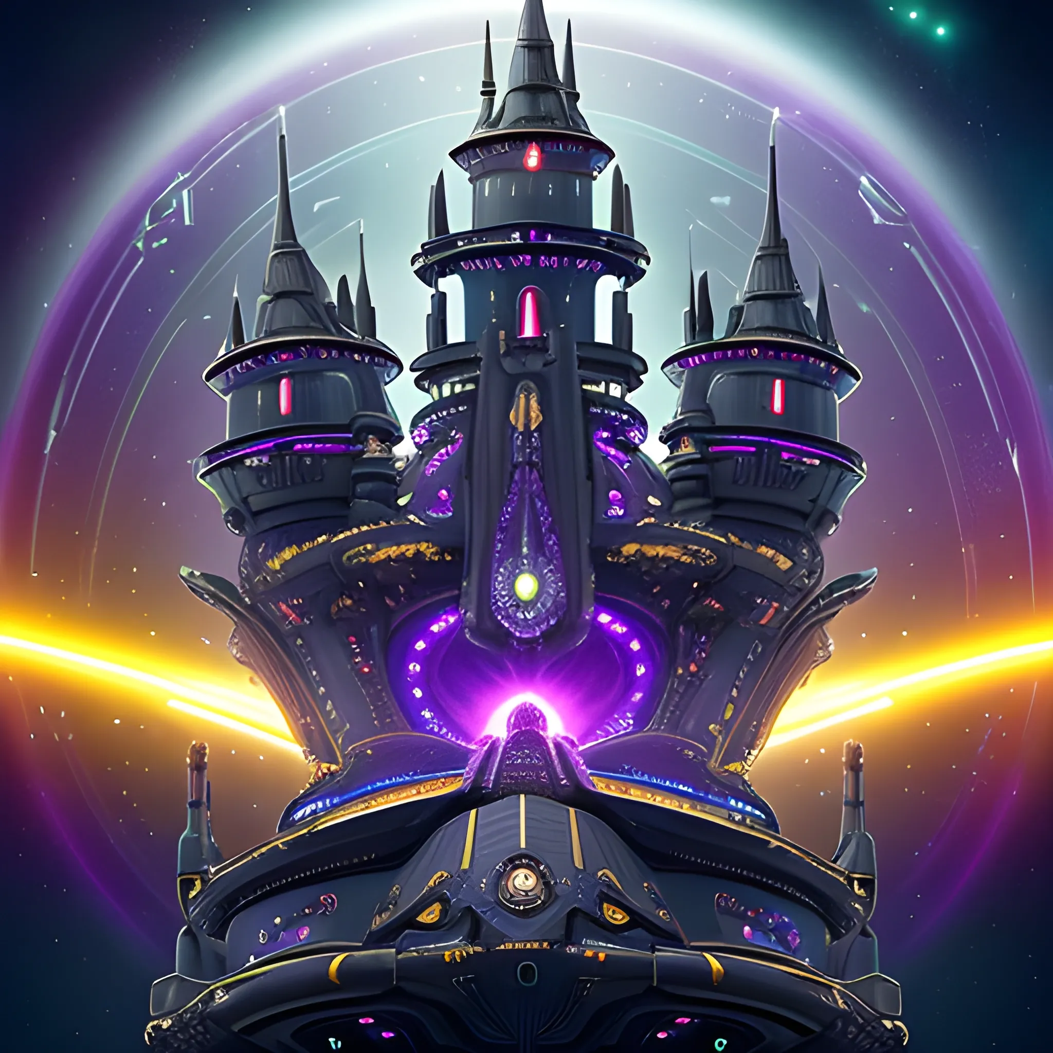 Alien starship with medieval castle-like turrets, anodized dark purple metallic green hull, gold matte finish, amidst a stars-filled night sky, within a 4D environment of vibrant colors, intricate mechanisms exposed, adorned with dark leather straps and metallic golden accents, sprawling dark gears and levers reminiscent of ancient machinery, accented with pixel-perfect ornate details, 750 UHD resolution rendered in matte and gloss finishes reflecting luminescent diamond, infinity-exposed with mysterious auras rising from the nacelles that gleam softly in varied colors that appear rare and unrivaled, having battle zeppelin origins.