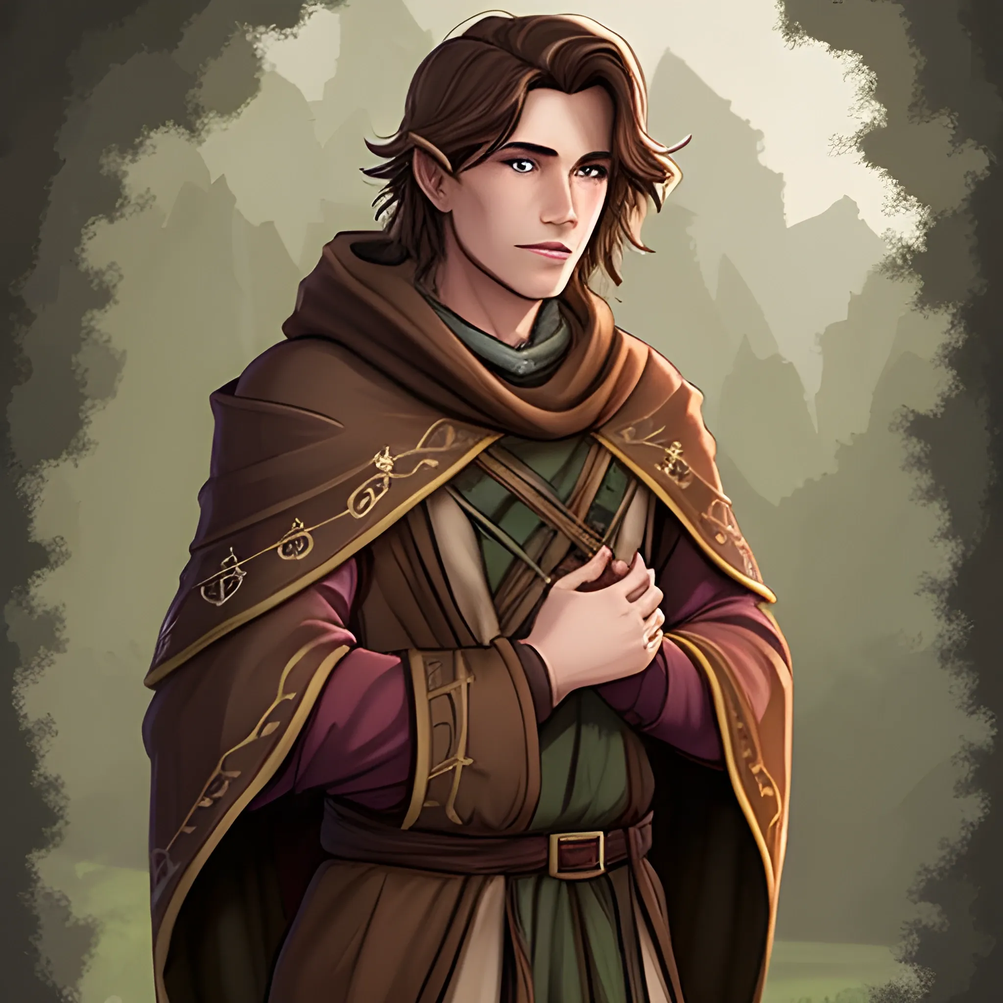 A brown haired DND Wizard in a casual cloak
