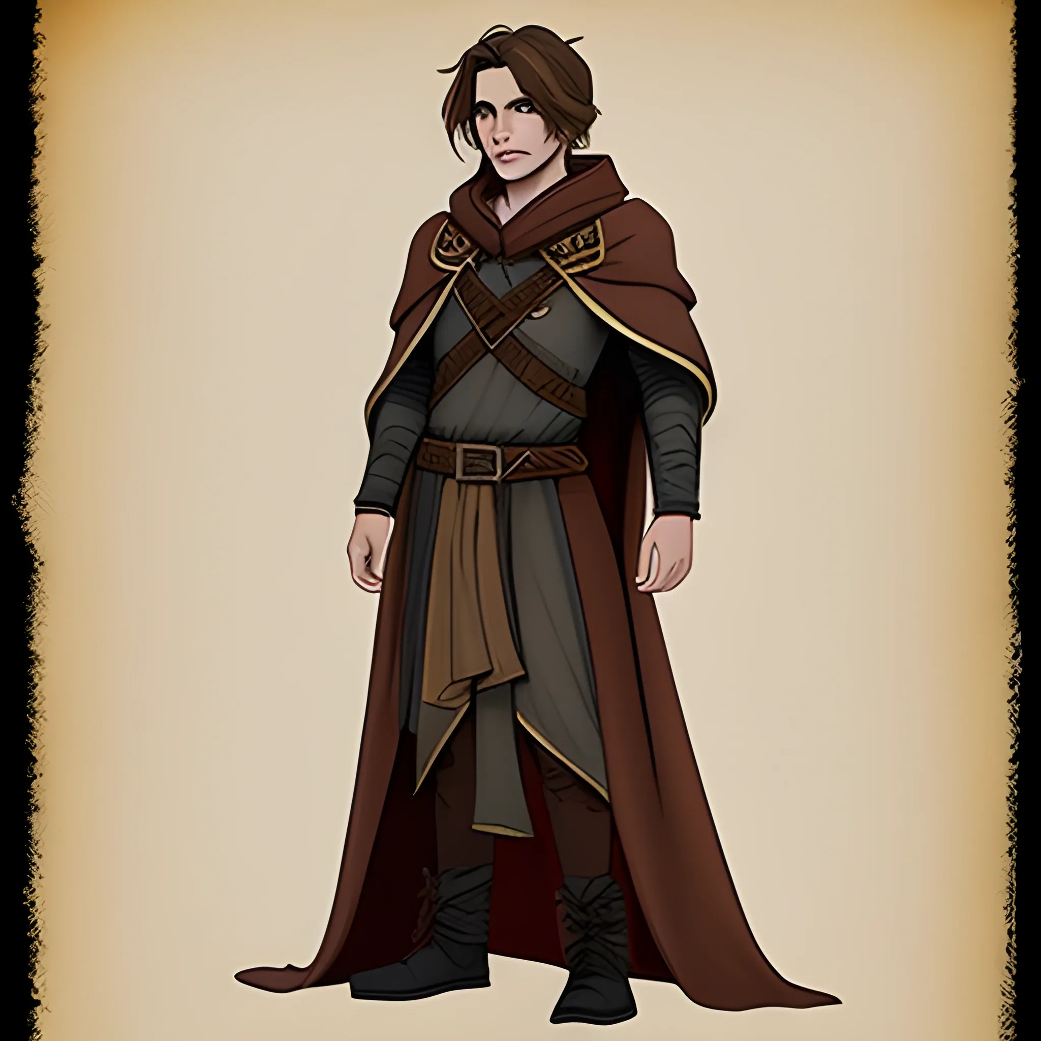 A brown haired DND Wizard in a casual cloak
