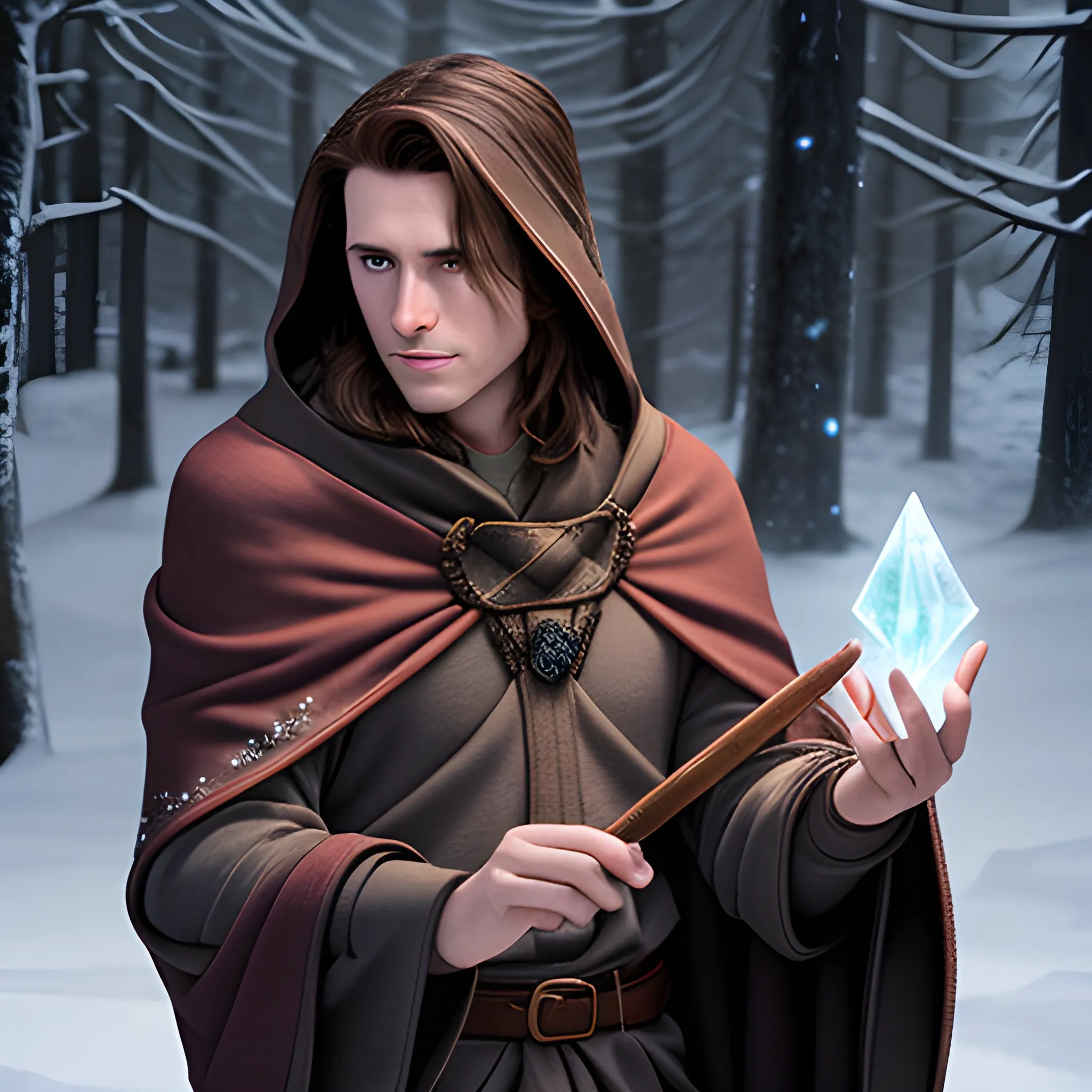 A brown haired DND Wizard in a casual cloak casting an ice spell
