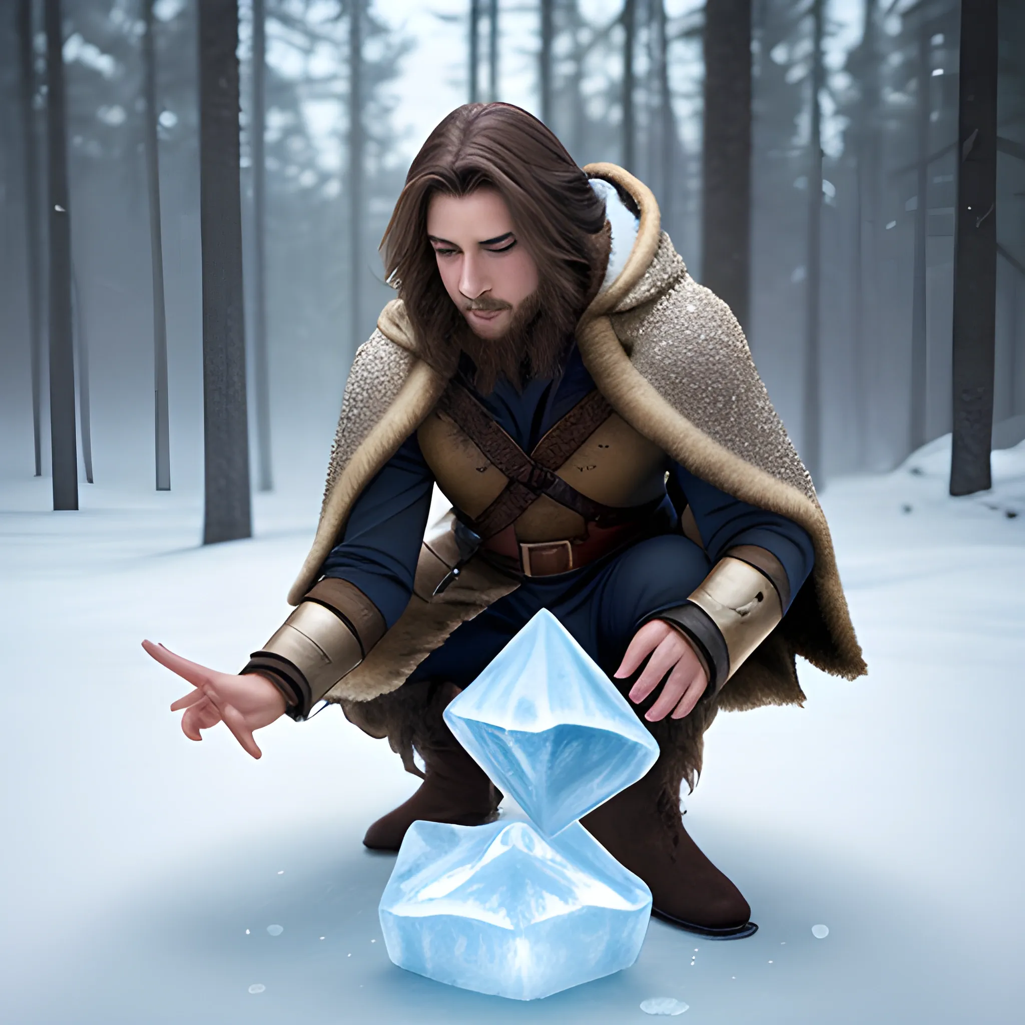 A brown haired DND Wizard casting an ice spell
