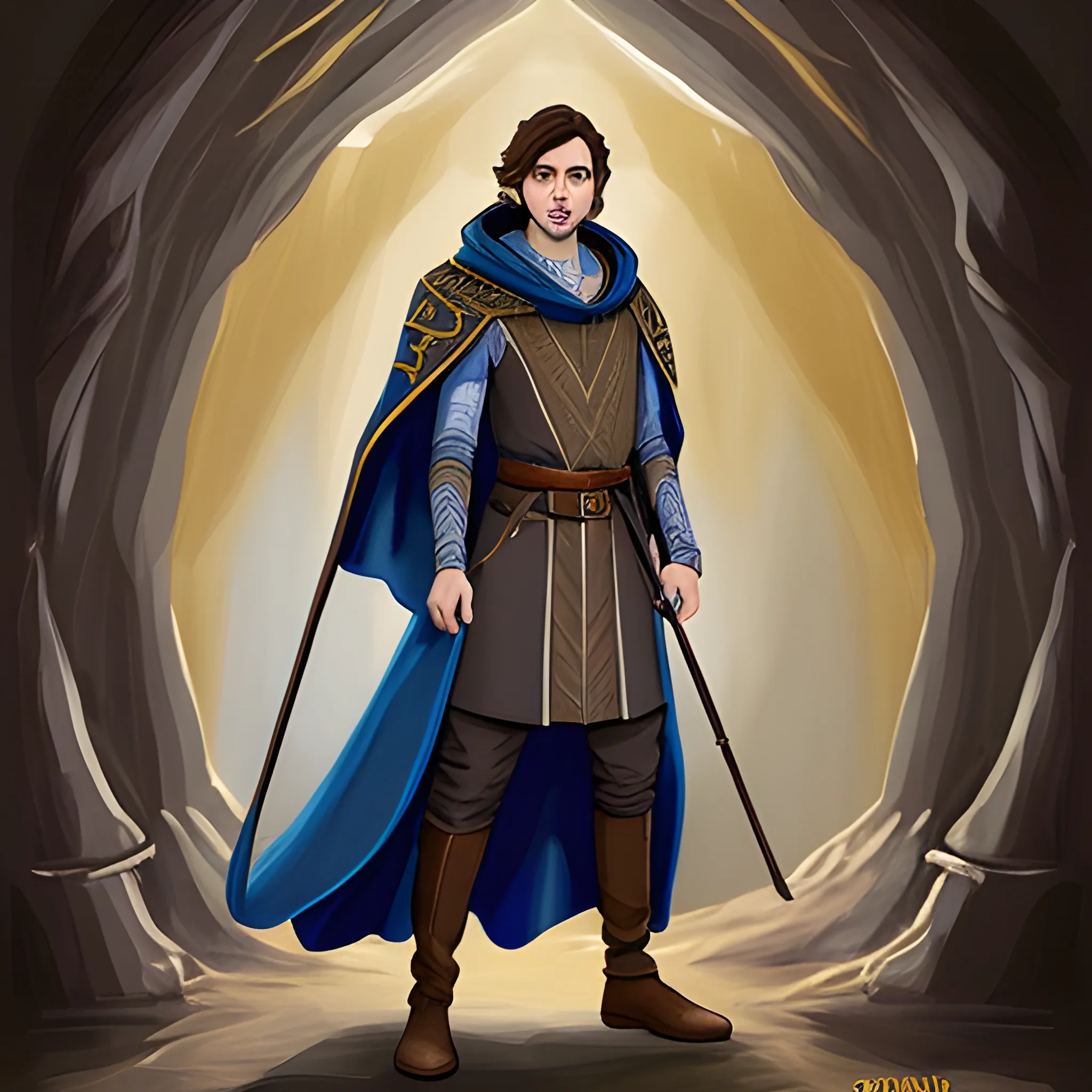 A brown haired DND Wizard with a blue and black cloak without a staff