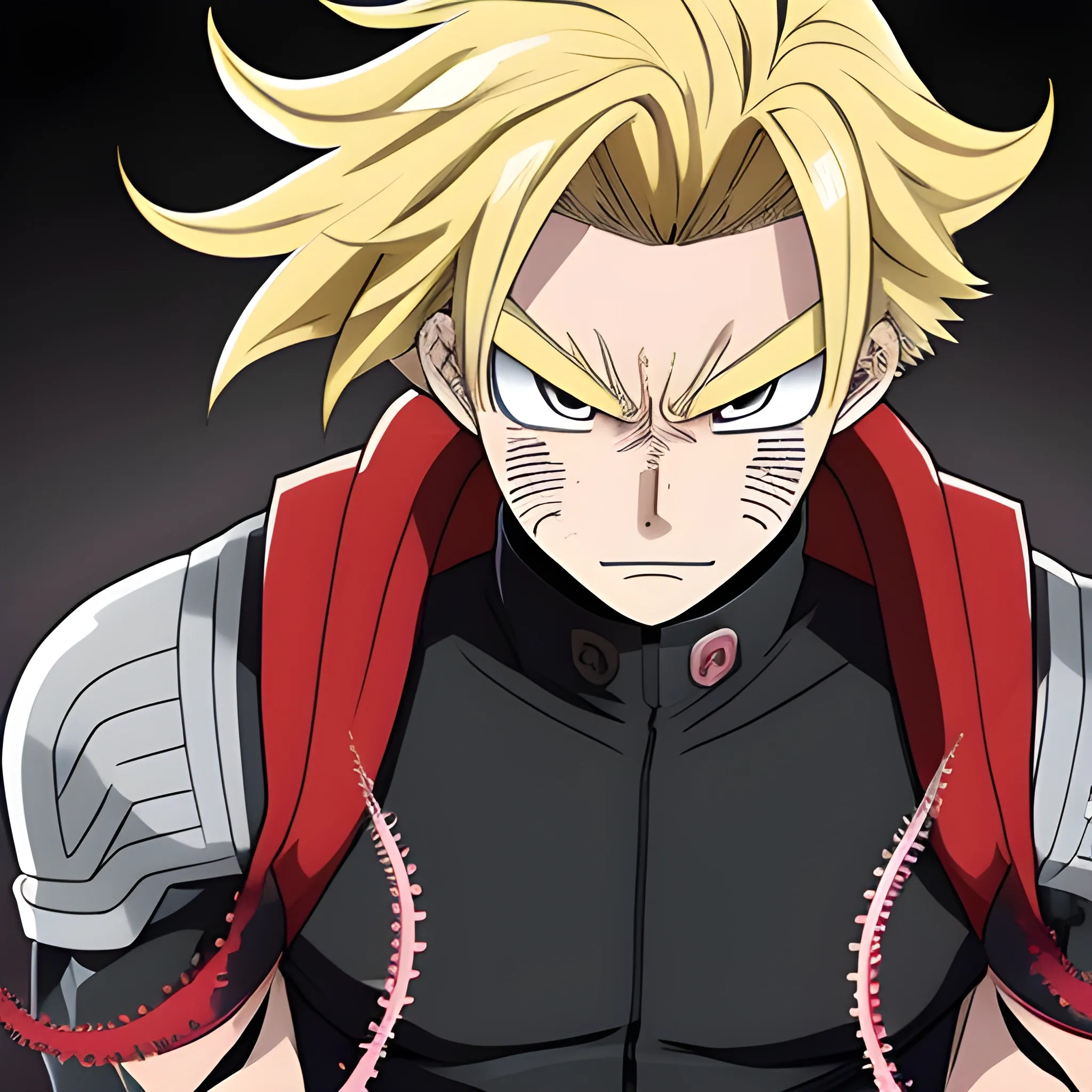 my hero academia male oc with blonde hair and brown eyes and kagune tentacles on his back looking determined