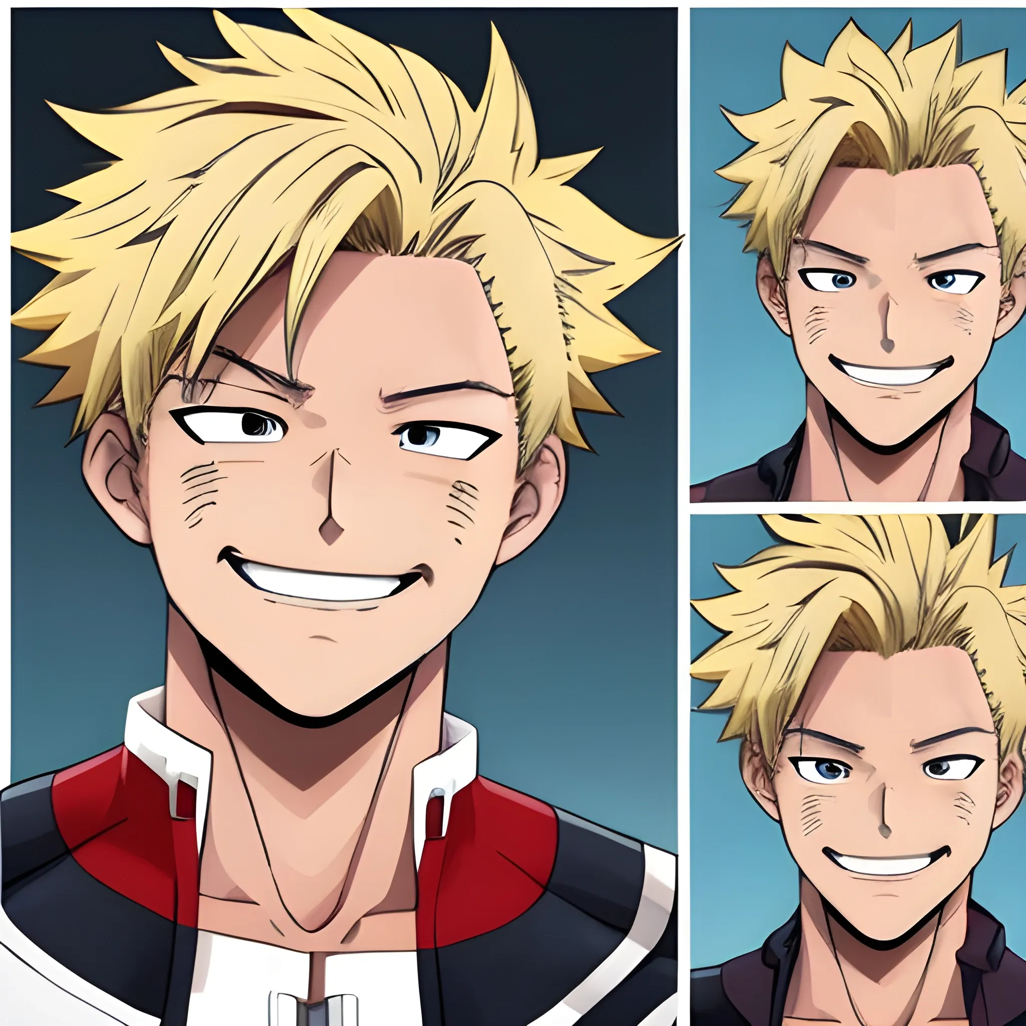 my hero academia male oc with blonde hair and dark brown eyes, slightly tanned skin and smiling.