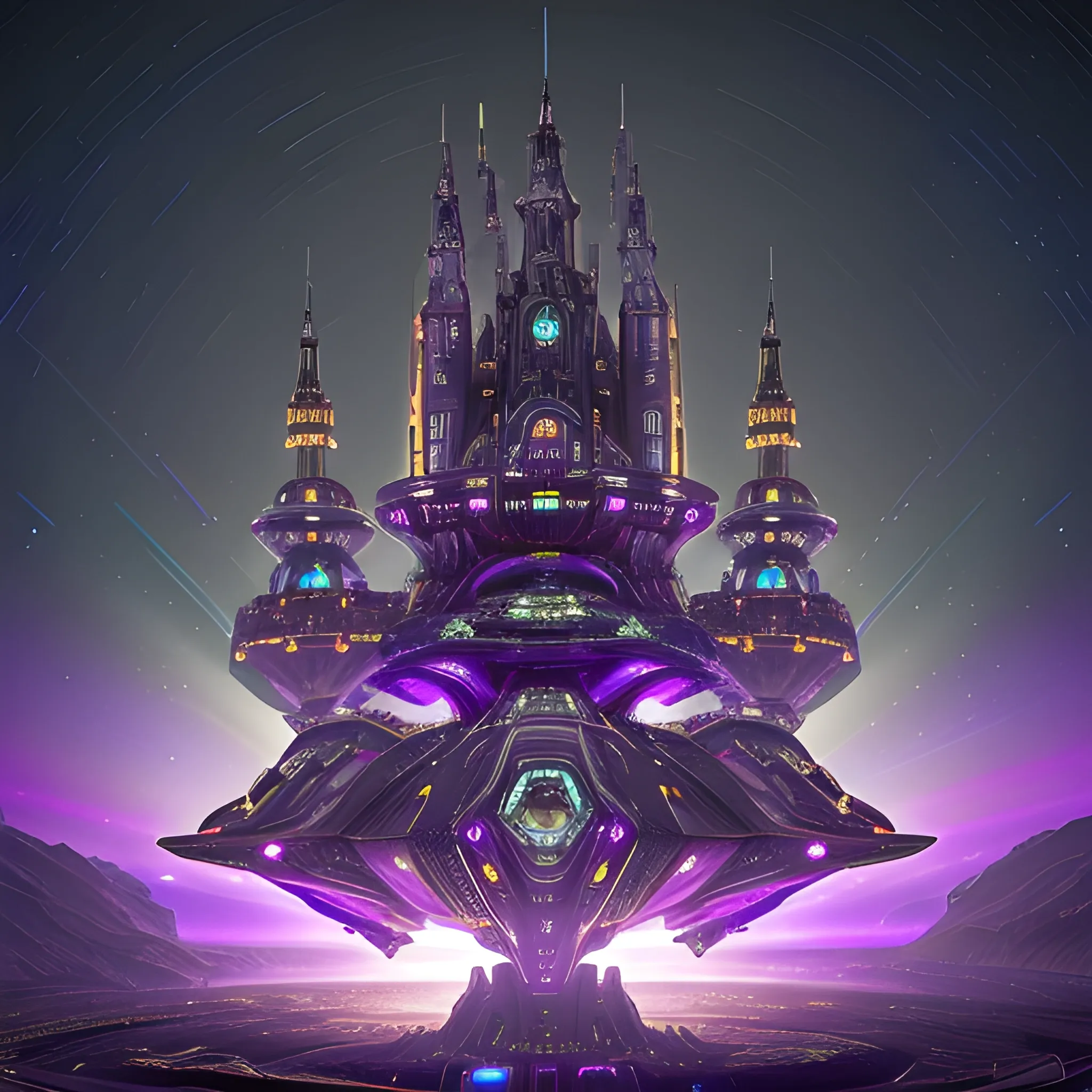 Alien starship with medieval castle-like turrets, anodized dark purple metallic green hull, gold matte finish, amidst a stars-filled night sky, within a 4D environment of vibrant colors, intricate mechanisms exposed, adorned with dark leather straps and metallic golden accents, sprawling dark gears and levers reminiscent of ancient machinery, accented with pixel-perfect ornate details, 750 UHD resolution rendered in matte and gloss finishes reflecting luminescent diamond, infinity-exposed with mysterious auras rising from the nacelles that gleam softly in varied colors that appear rare and unrivaled, having battle zeppelin origins.