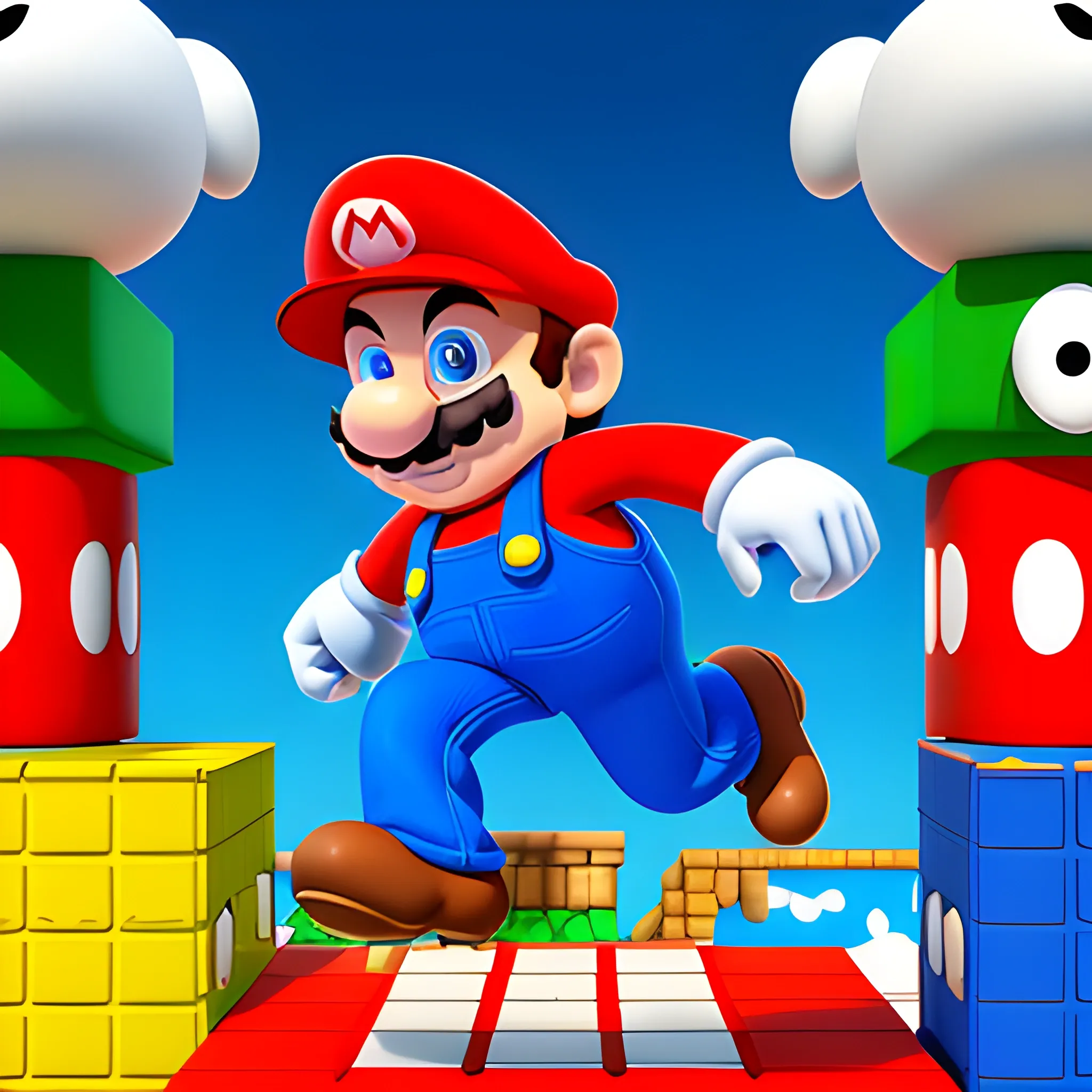 super mario bros game character, big smile, jumping, hyper deta...
, 3D, Cartoon